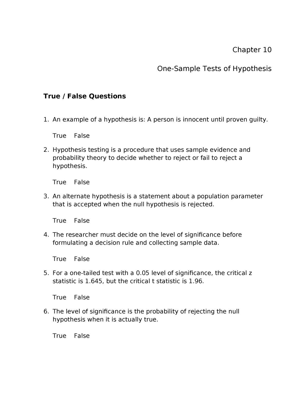 Chap010 - For Practice. - Chapter 10 One-Sample Tests Of Hypothesis ...