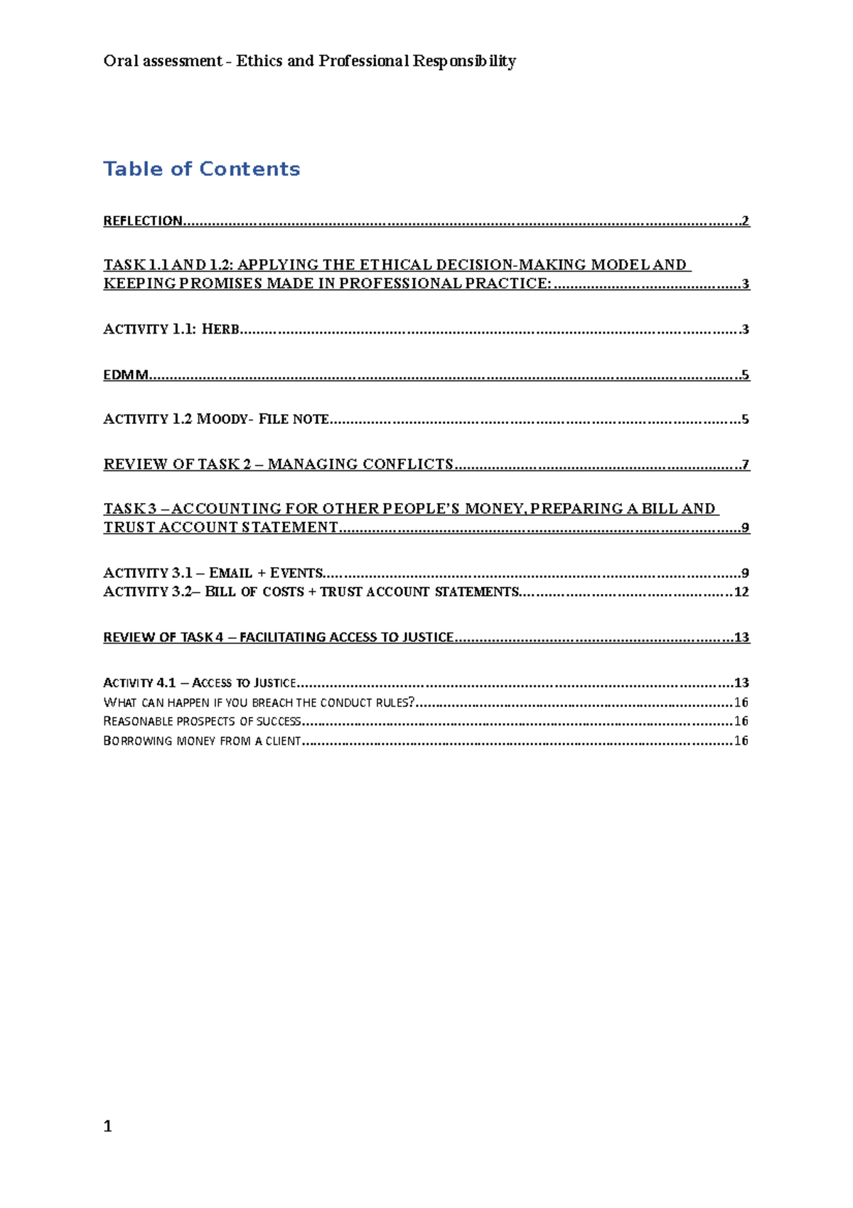 Oral assessment - Ethics and Professional Responsibility - Table of ...