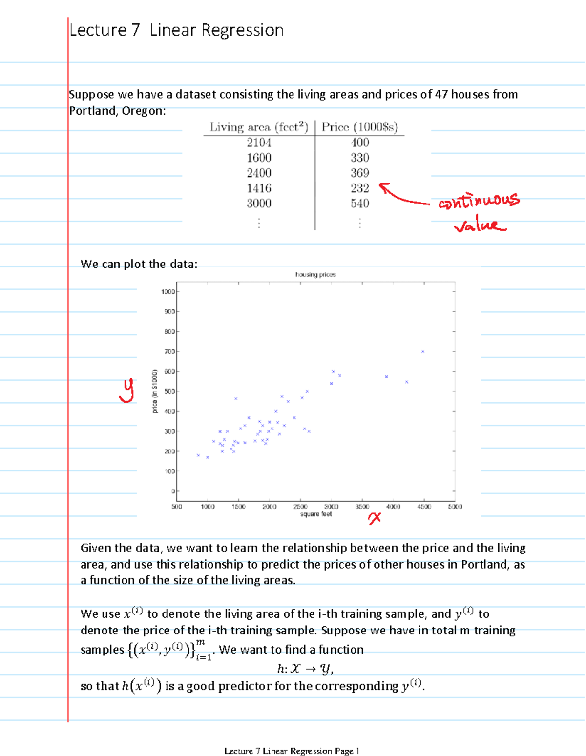 Lecture 7 Linear regression - Suppose we have a dataset consisting the ...