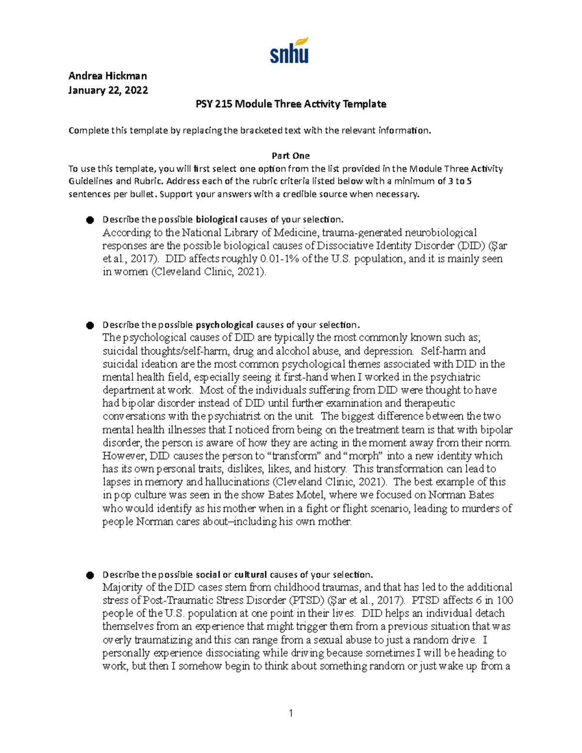 PSY 215 Module Three Activity Template - Andrea Hickman January 22 ...
