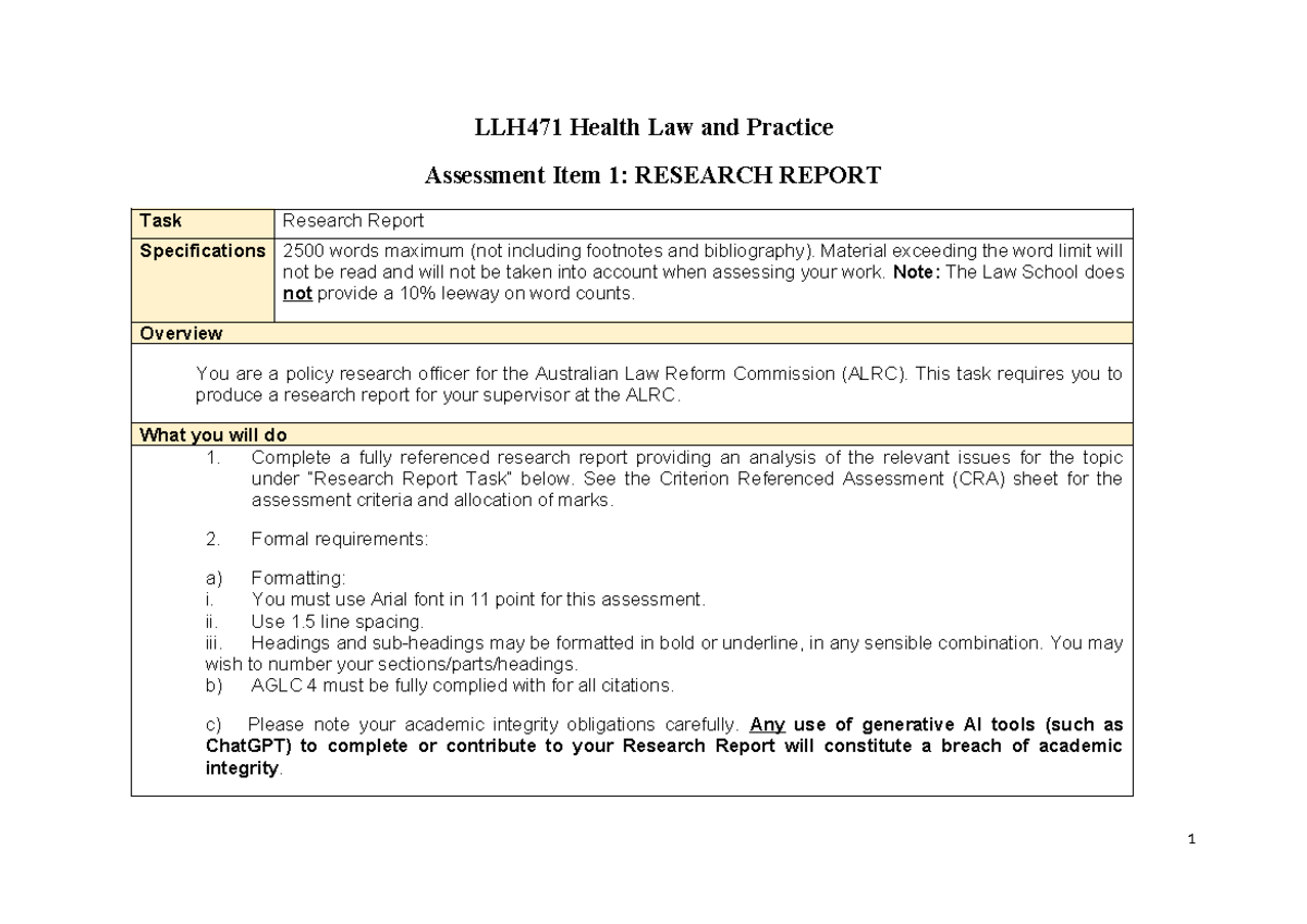 LLH471 Assessment 1 Research Report Task Sheet Semester 2 2024 - LLH471 ...