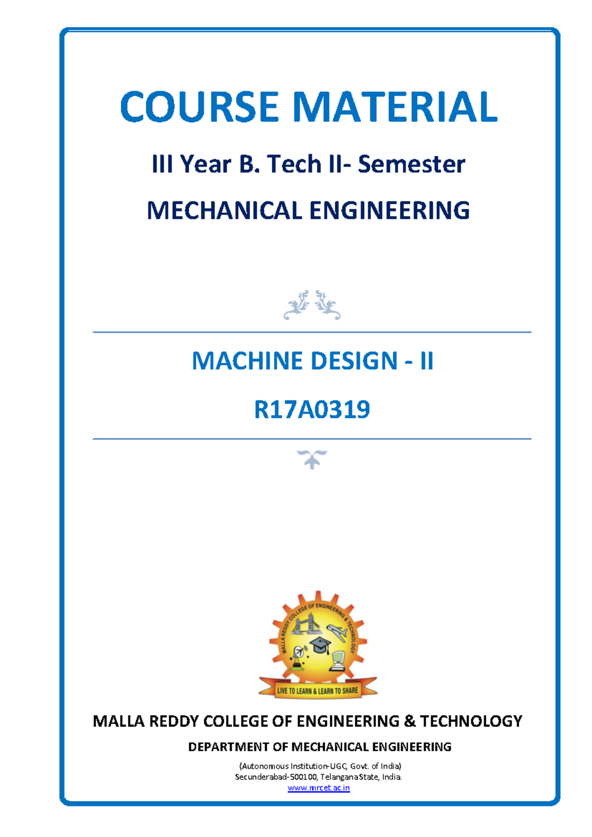 Machine Design II - Jihhbyvuby u g - MALLA REDDY COLLEGE OF ENGINEERING ...