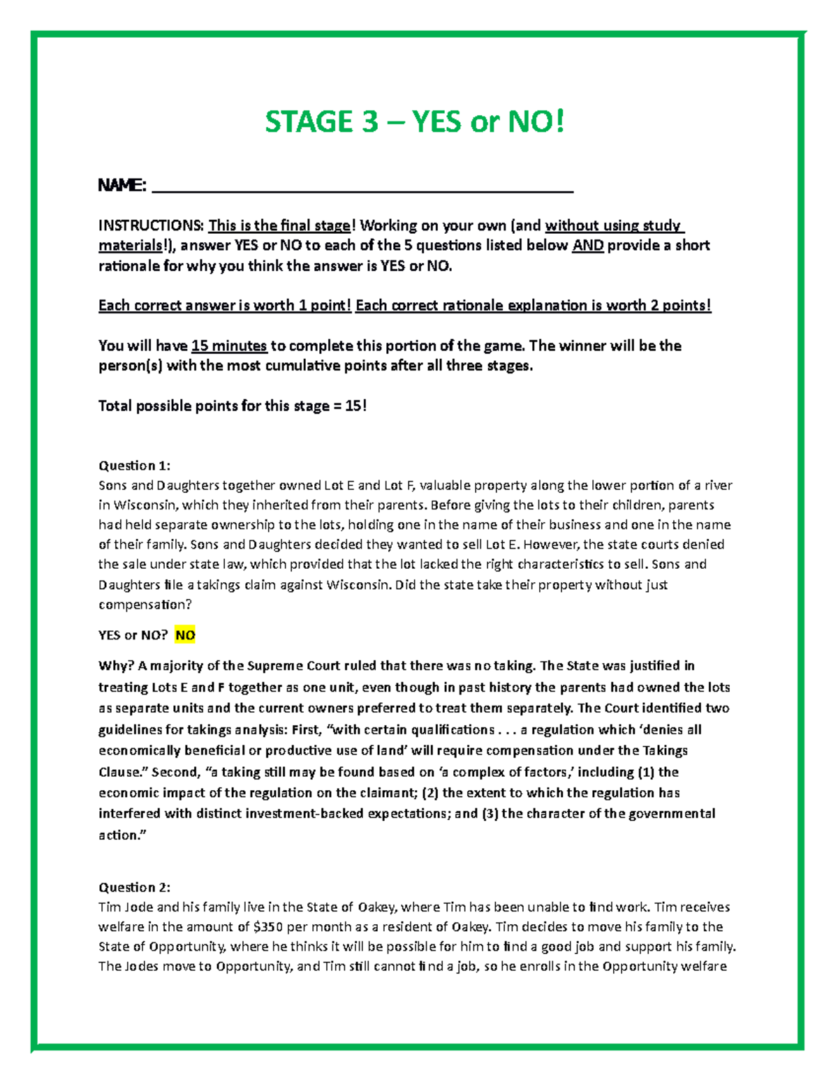 Stage 3 - Yes or No Answer KEY with Explanations - STAGE 3 – YES or NO ...