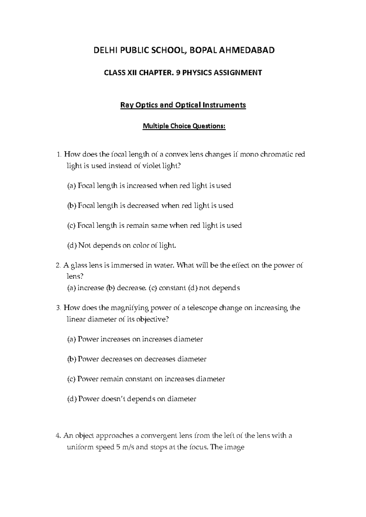Ch 9 Ray Optics 9 - assignment - DELHI PUBLIC SCHOOL, BOPAL AHMEDABAD ...