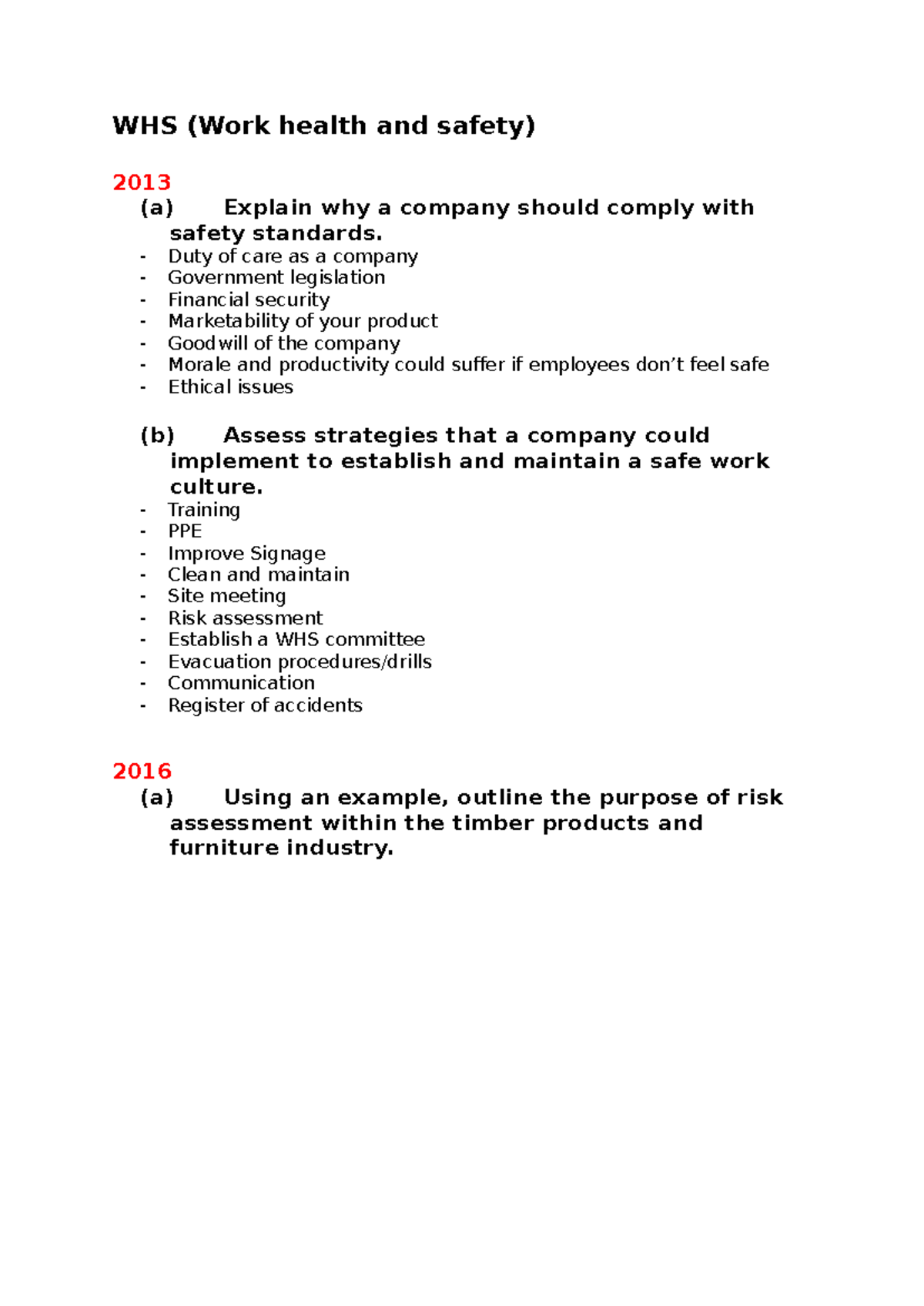 WHS - WHS cheat sheet possible answers - WHS (Work health and safety ...
