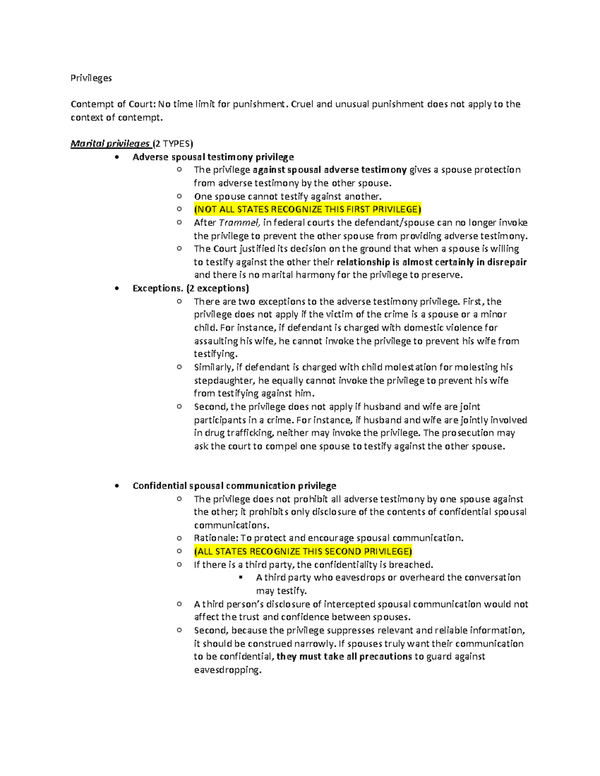 LAW 202 Privileges - Lecture notes 4 - Privileges Contempt of Court: No ...