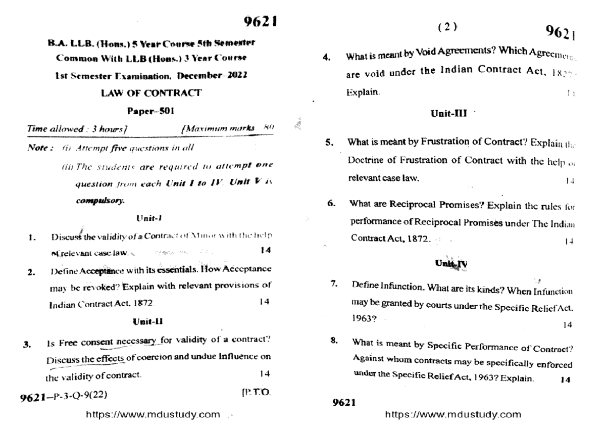 Ballb 5 Sem Llb 1 Sem Law Of Contract 9621 Dec 2022 - B.A.LLB. - Studocu