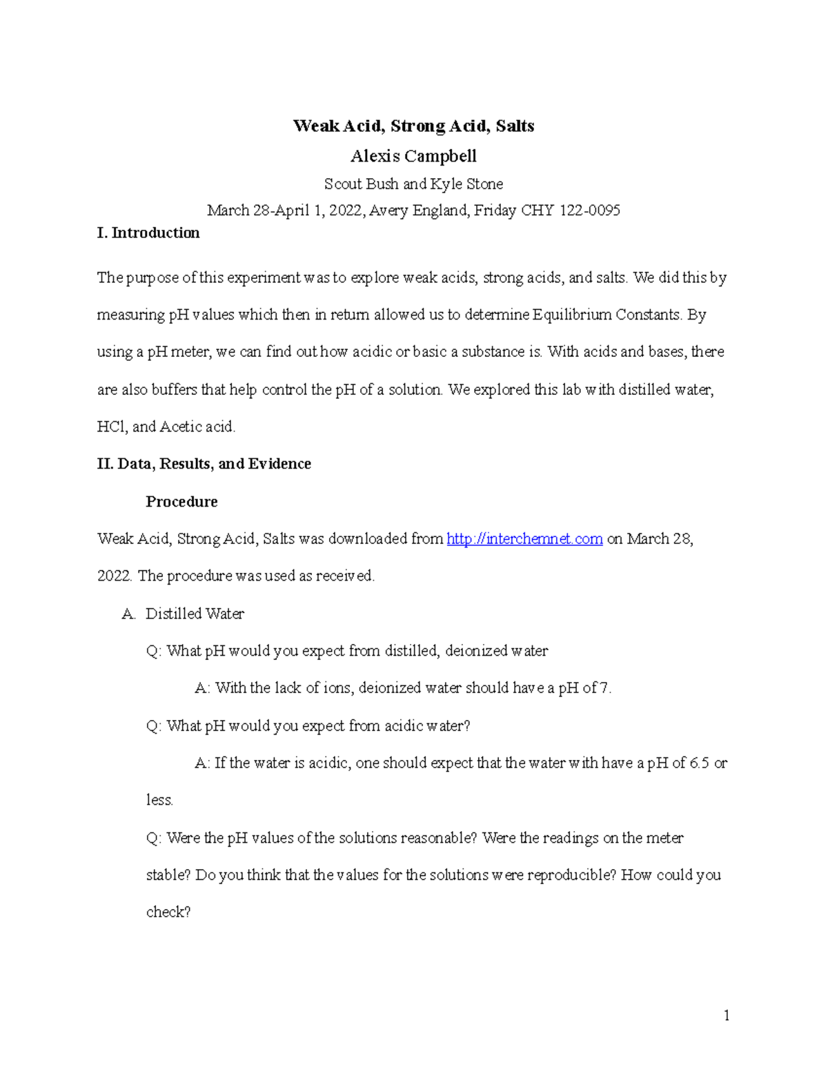 Acid and salts lab Lab report Weak Acid, Strong Acid, Salts Alexis