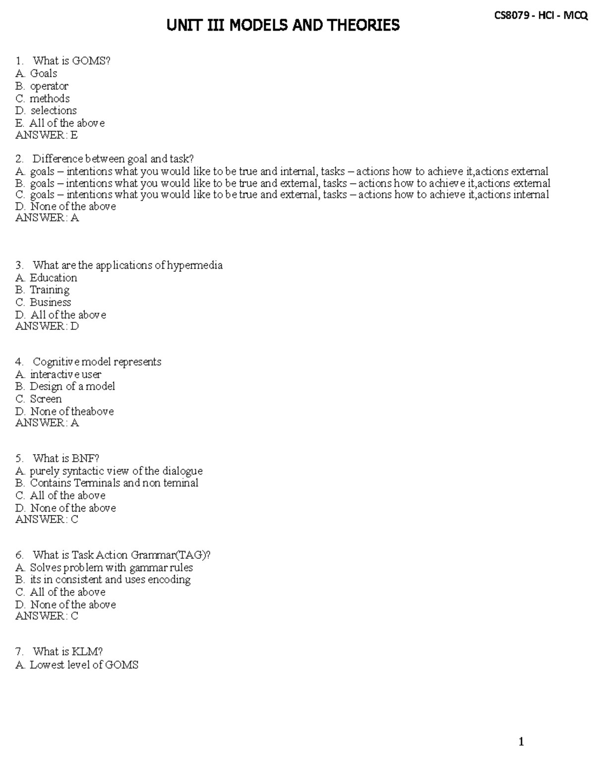 Human Computer Interaction Unit 3 Mcq Unit Iii Models And Theories What Is Goms A Goals B Human Computer Interaction Unit 3 Mcq Unit Iii Models And Theories What Is Goms A Goals B