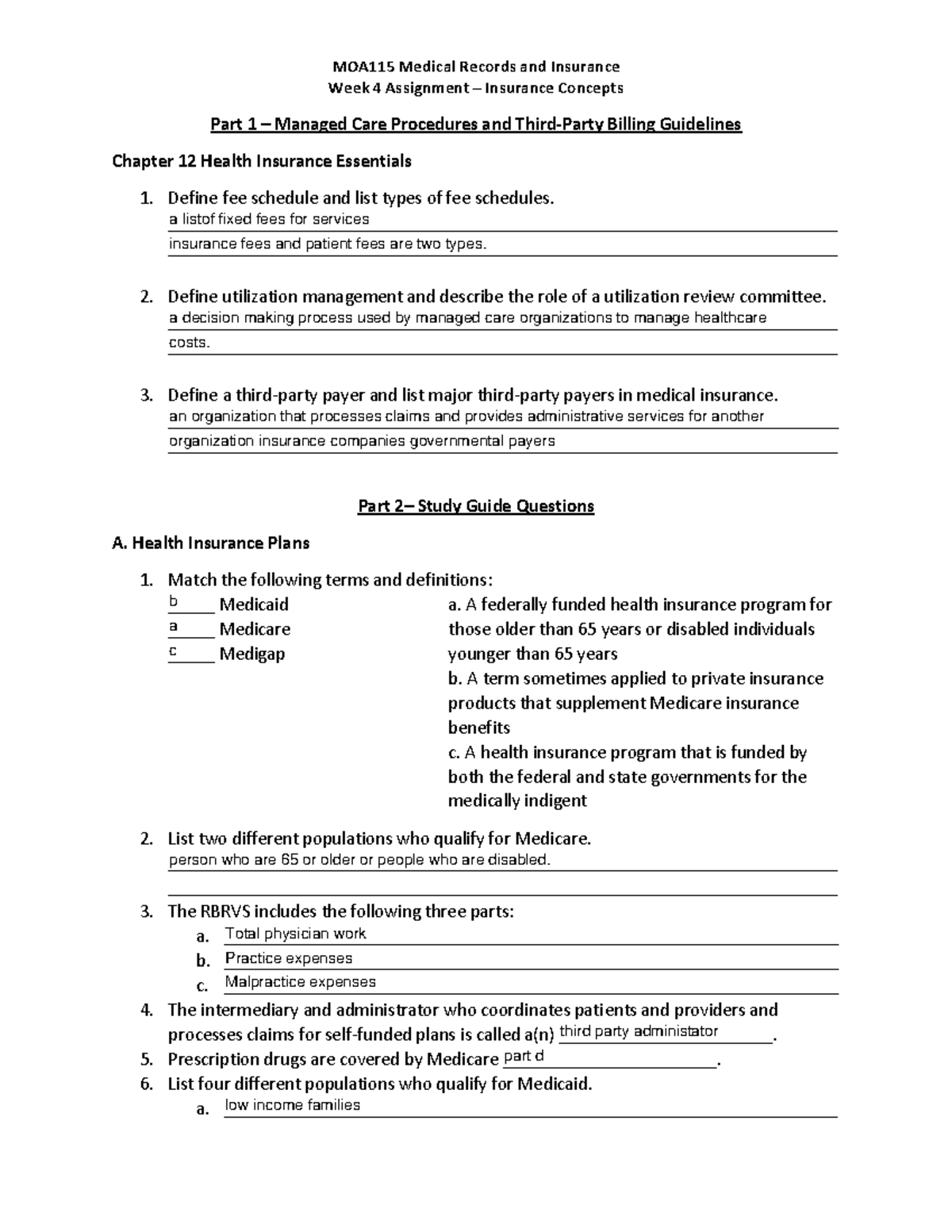 Week 4 Assignment Worksheet - MOA115 Medical Records And Insurance Week ...