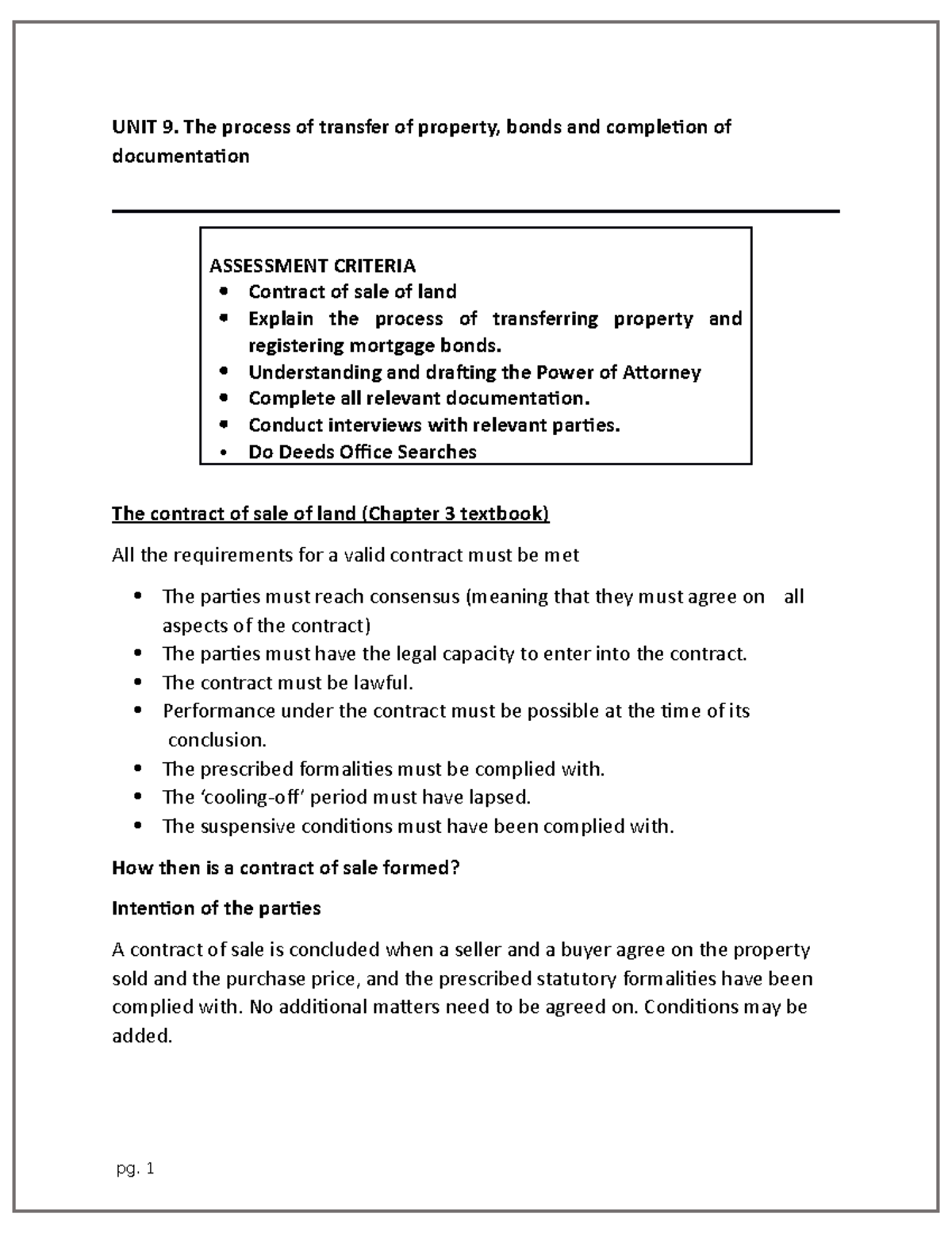 Unit 9 - Transfer Process - Unit 9. The Process Of Transfer Of Property 