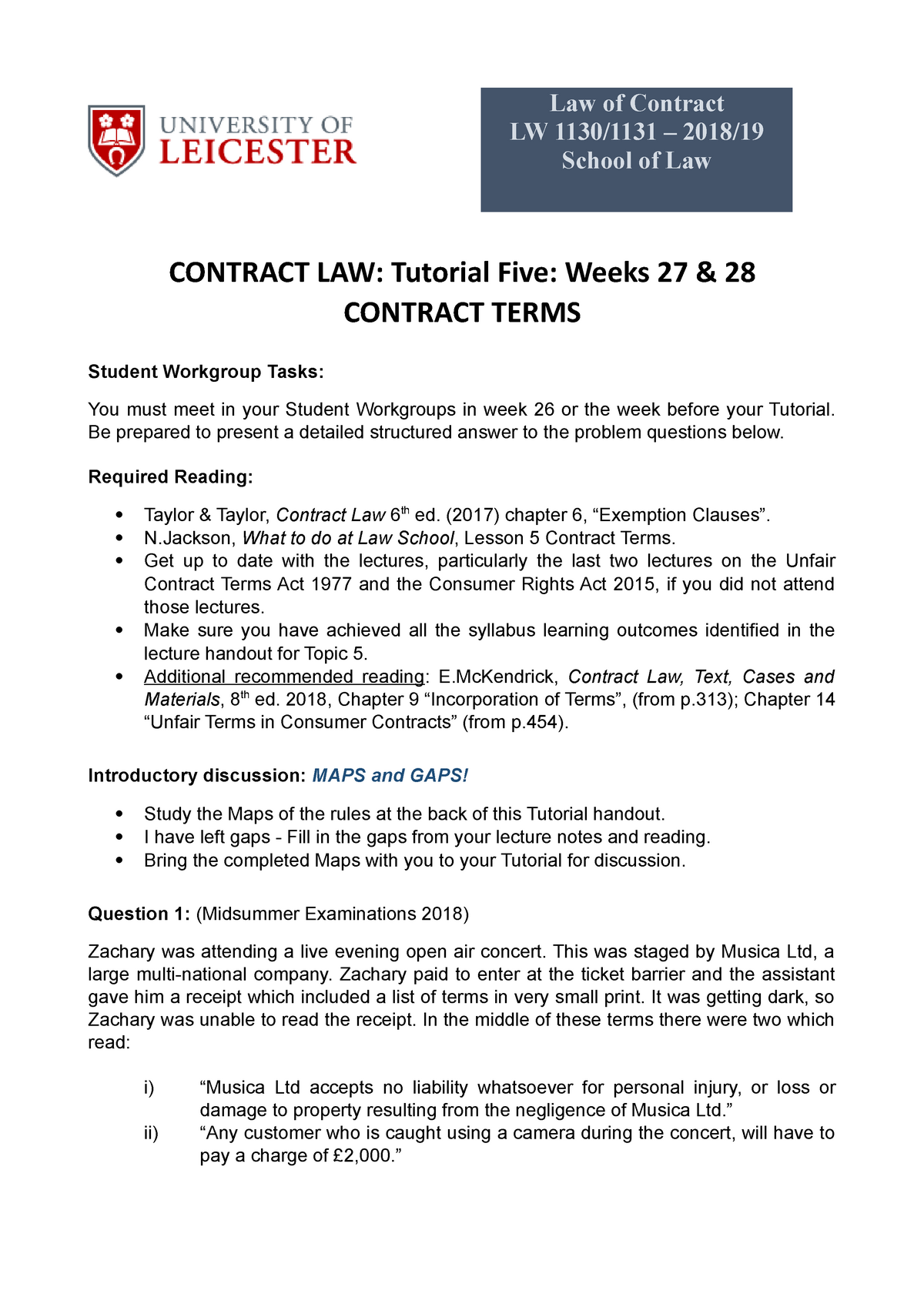 Contract Law 2018-19 Tutorial Five - Law Of Contract LW 1130/1131 ...