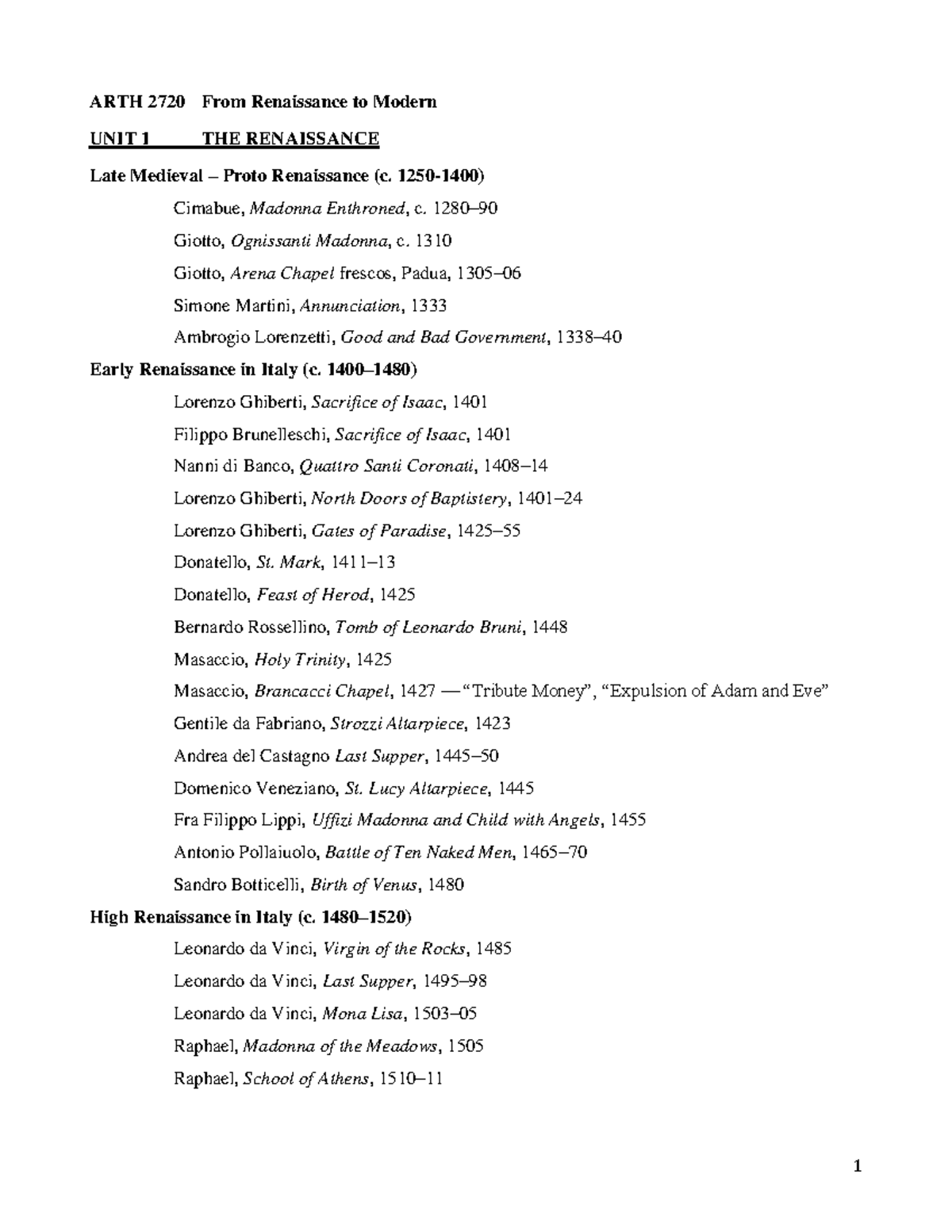 ARTH+2720-works+list - ARTH 2720 From Renaissance to Modern UNIT 1 THE ...