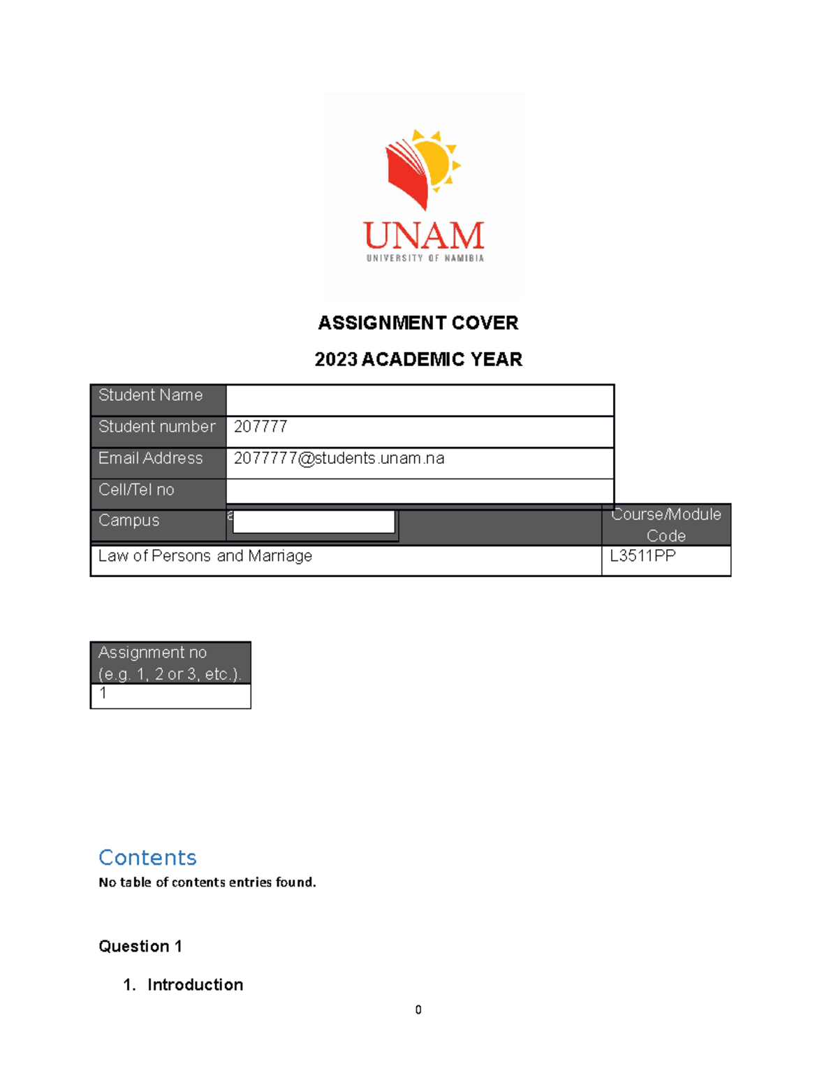 L3511PP Assignment NO. 1 - ASSIGNMENT COVER 2023 ACADEMIC YEAR Course ...