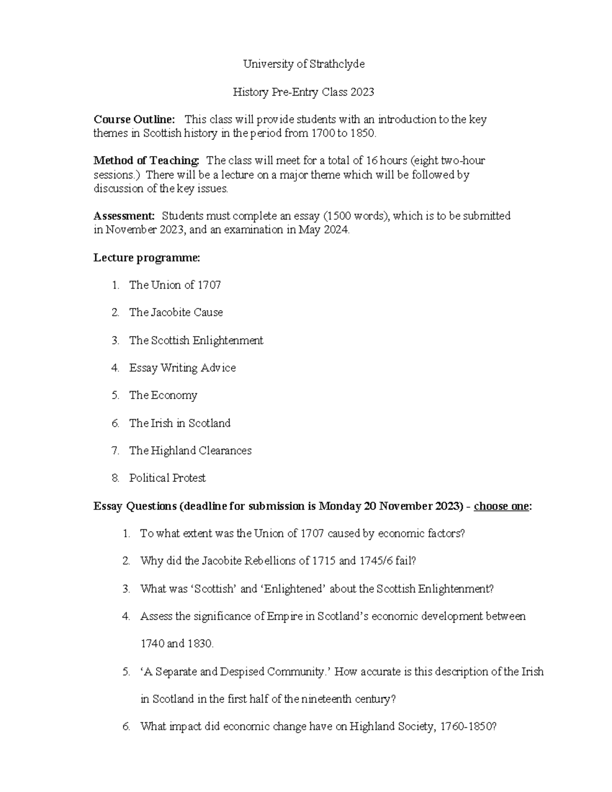 Pre Entry class 2023-24 - University of Strathclyde History Pre-Entry ...