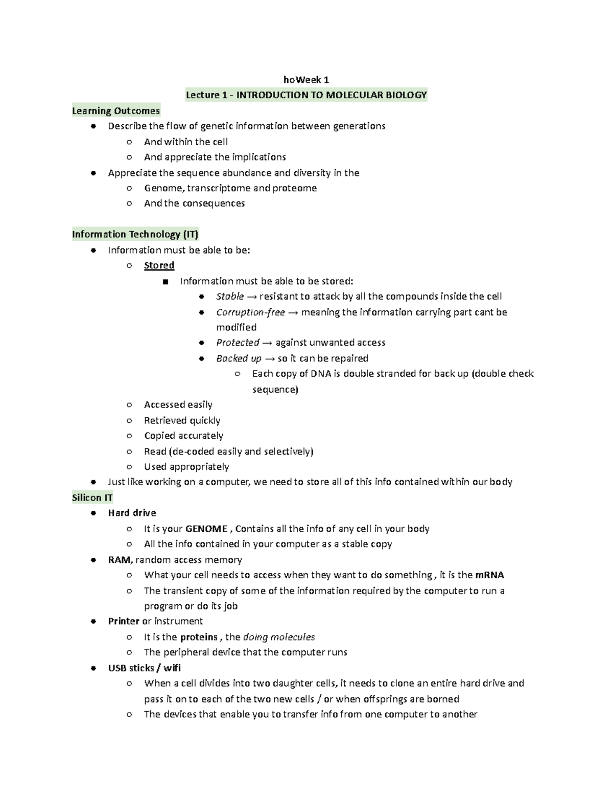 BCMB2001 Lecture Notes hoWeek 1 Lecture 1 INTRODUCTION TO MOLECULAR