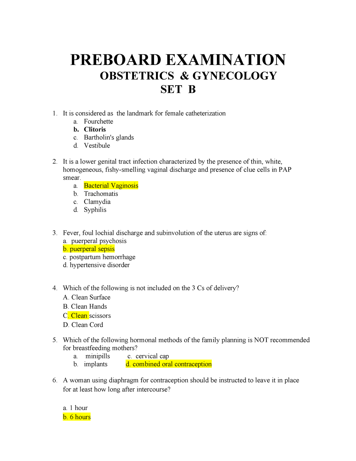 Answer Key Board Ob B - To Help Others - PREBOARD EXAMINATION ...