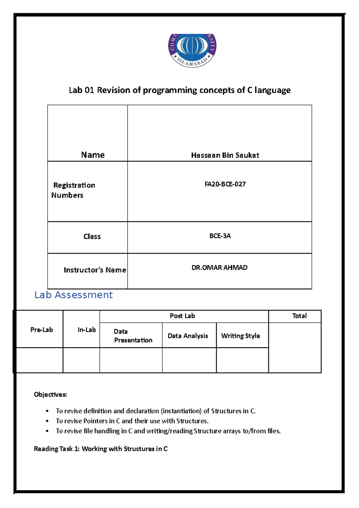 Lab 01 Revision of C Concepts - Lab 01 Revision of programming concepts ...