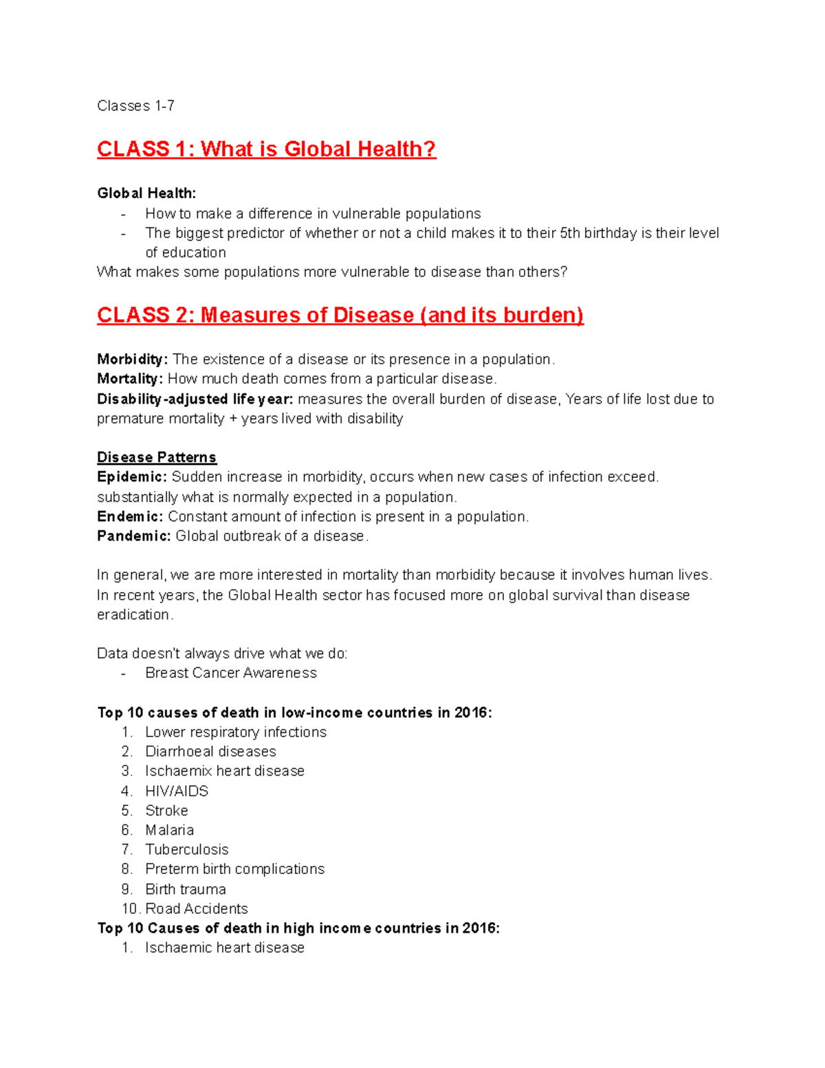 HLTH 480 Classes 1-7 - Classes 1- CLASS 1: What Is Global Health ...