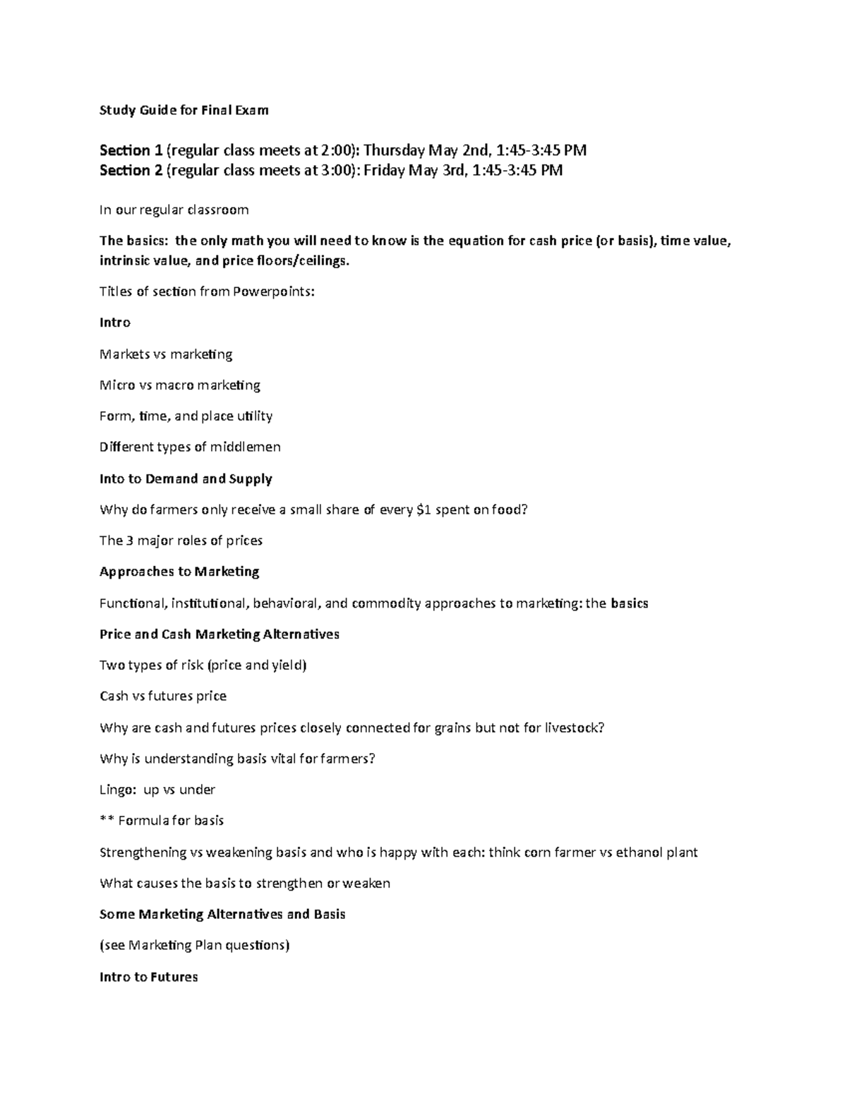 AGEC 354 Final Review - Study Guide for Final Exam Section 1 (regular ...