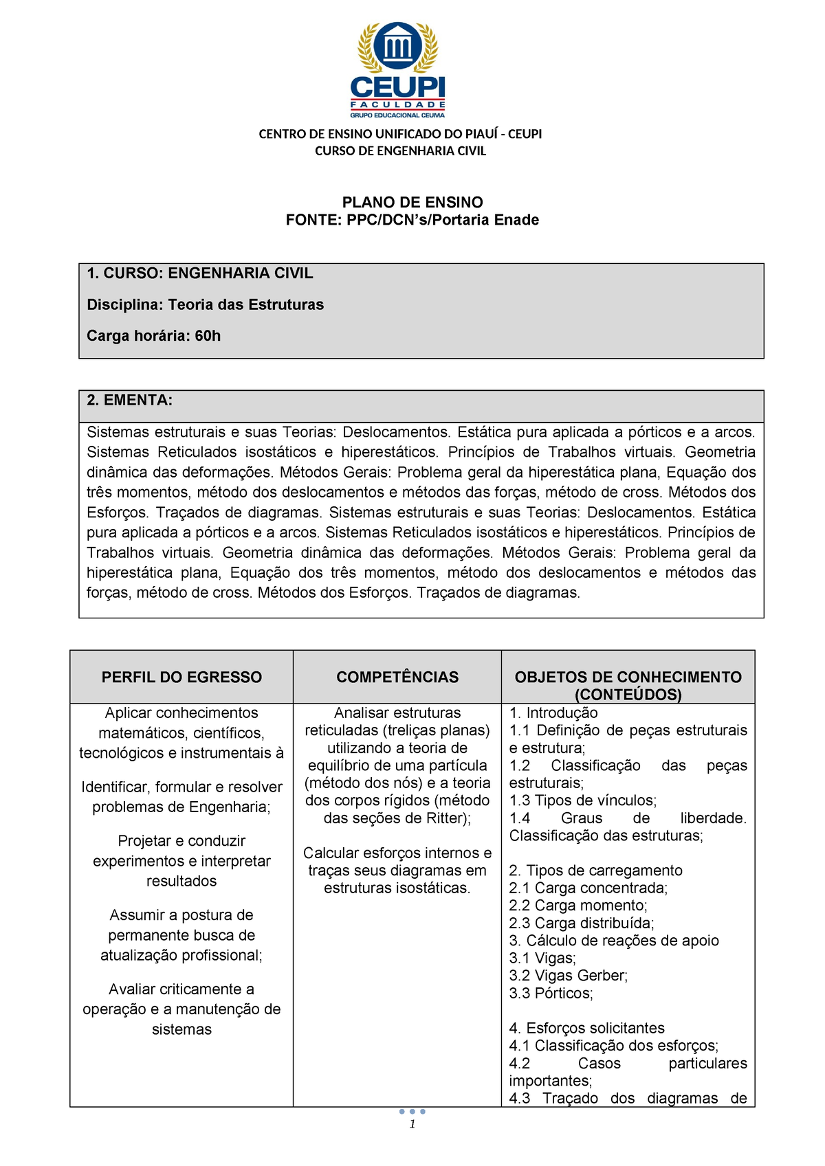 PE Teoria DAS Estruturas - CURSO DE ENGENHARIA CIVIL PLANO DE ENSINO ...