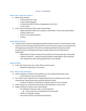 Lesson 1 - Introduction - Lesson 1 - Introduction Made in Italy - What does  it Mean? ○ Made in Italy - Studocu
