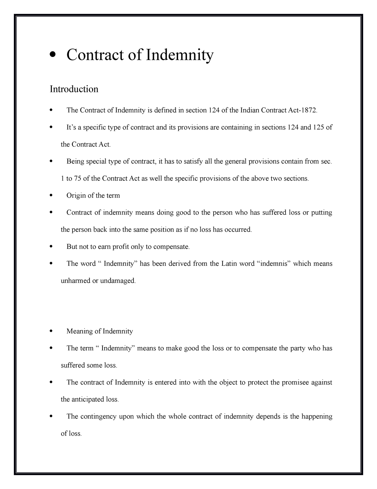 Notes 3 - Contract Of Indemnity Introduction The Contract Of Indemnity ...