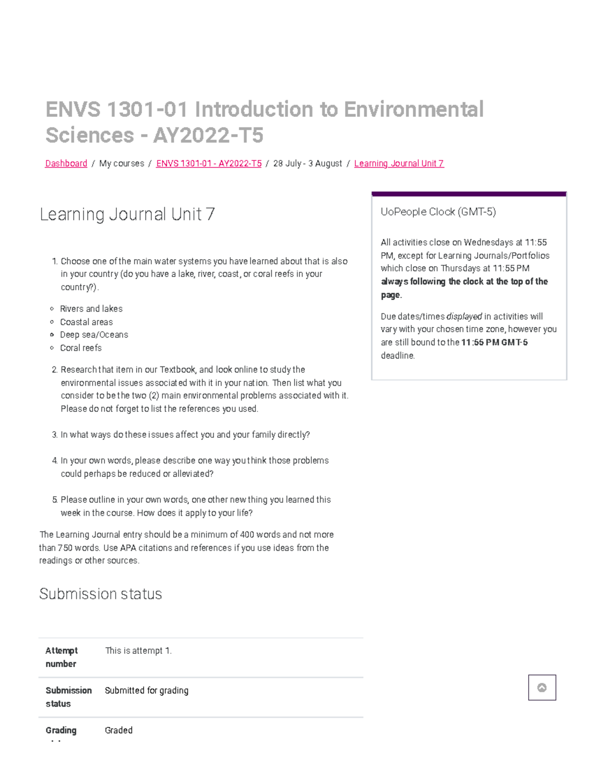 Mj ENVS 1301-01 - AY2022-T5 Learning Journal Unit 7 - ENVS 1301-01 ...