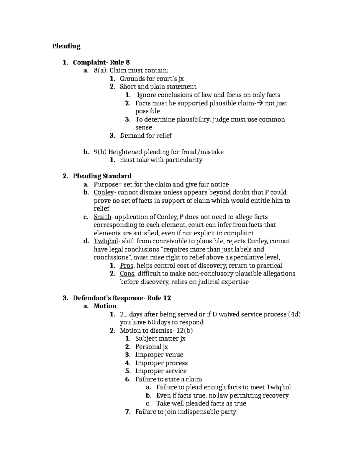 Civ Pro Attack Sheet.docx Pleading 1. Complaint Rule 8 a. 8(a