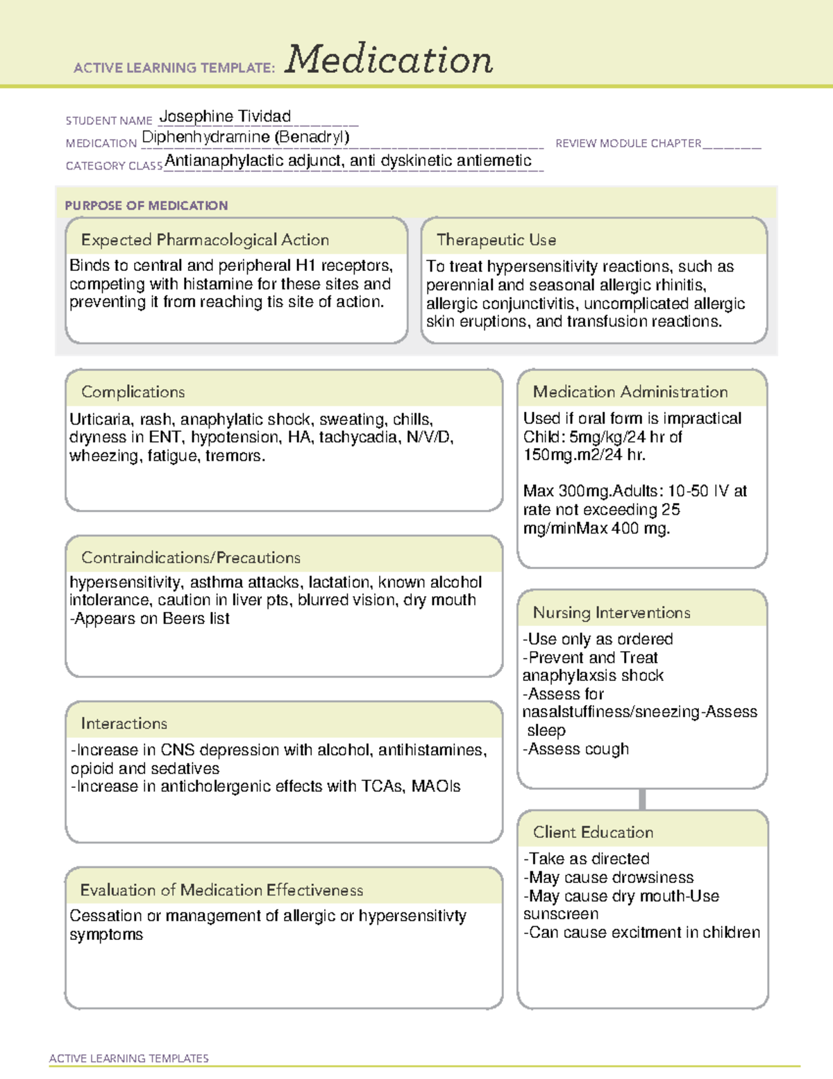 Diphenhydramine - ATI Medication - ACTIVE LEARNING TEMPLATES Medication ...