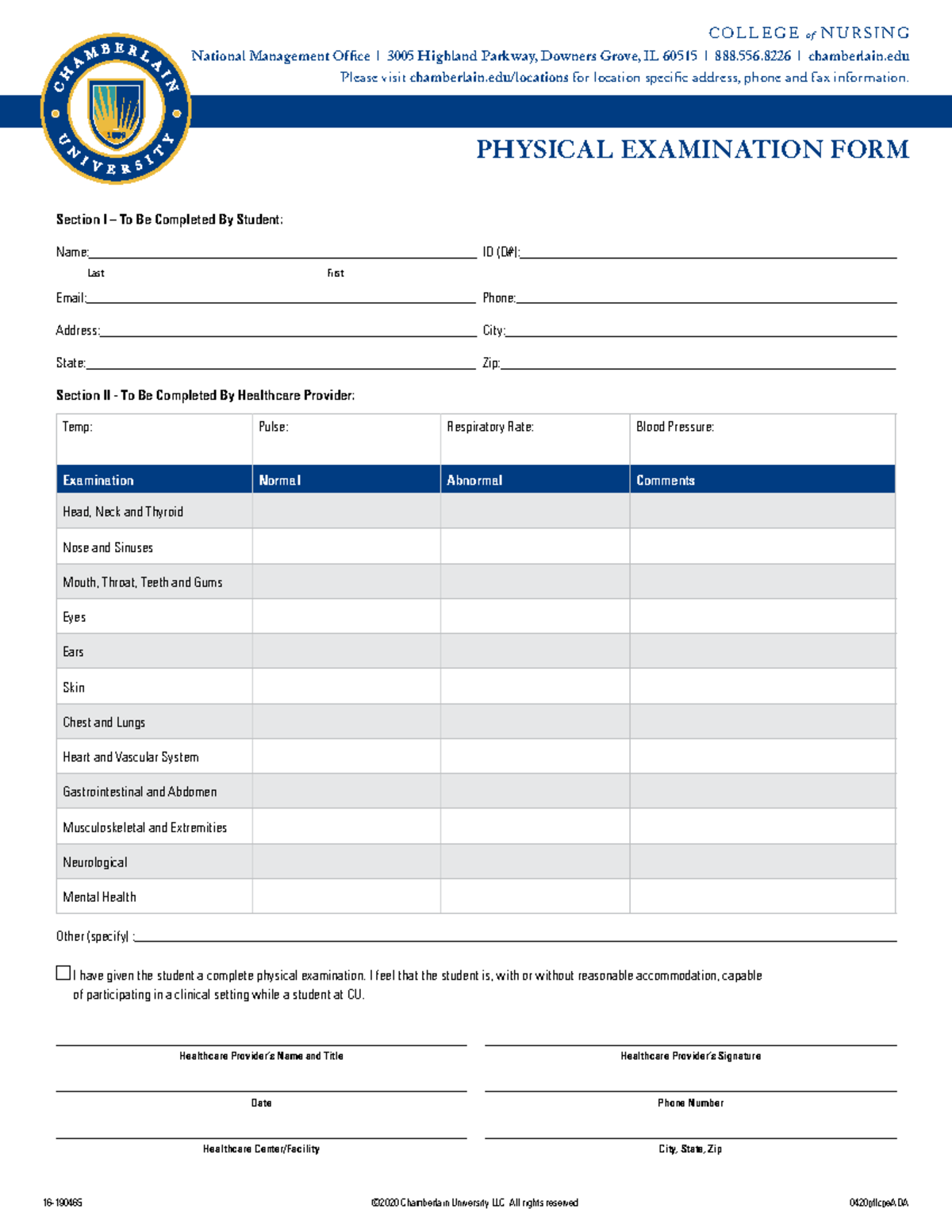 CCN Physical Examination Form - C O L L E G E o f N U R S I NG National ...