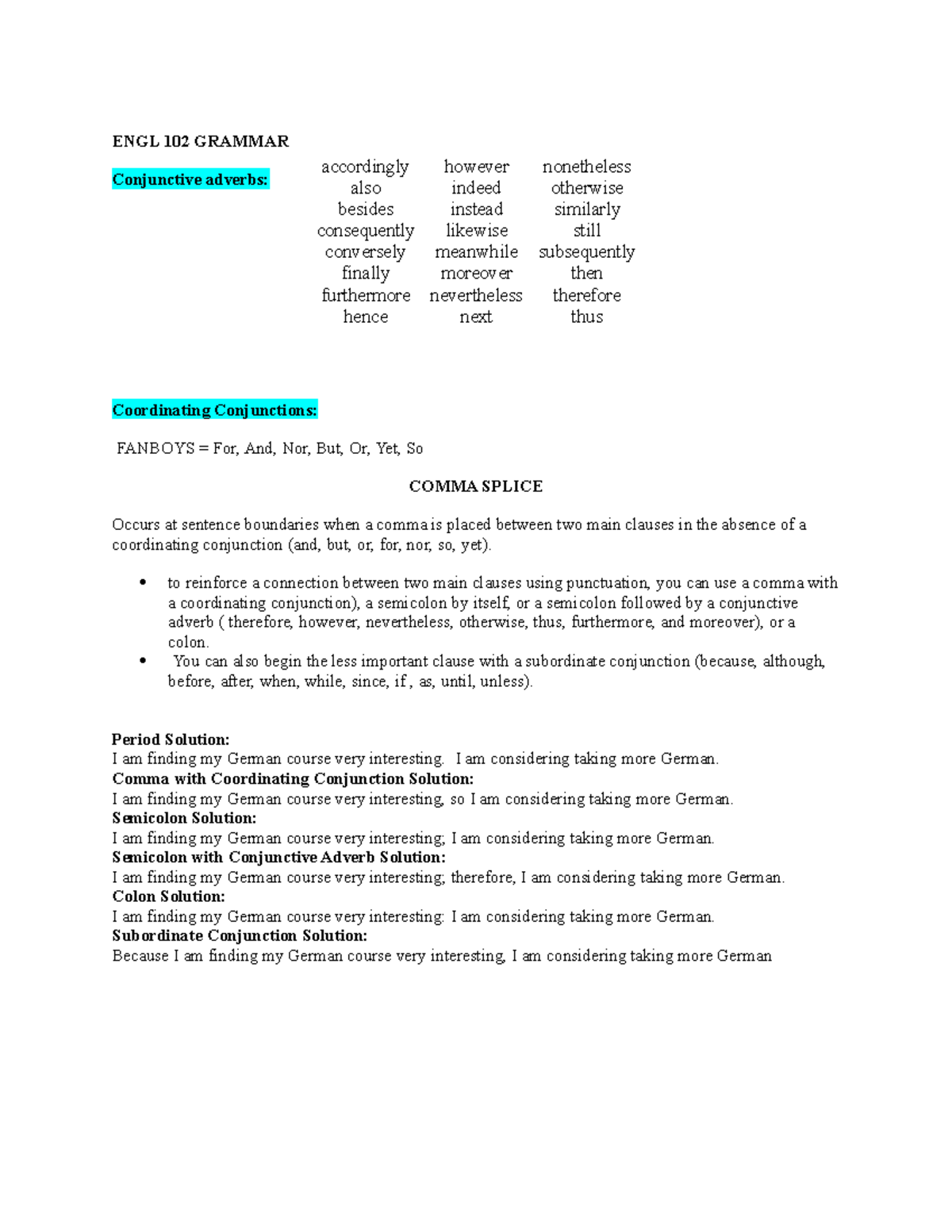 Engl 102 Grammar Notes Engl 102 Grammar Conjunctive Adverbs Coordinating Conjunctions Fanboys Studocu