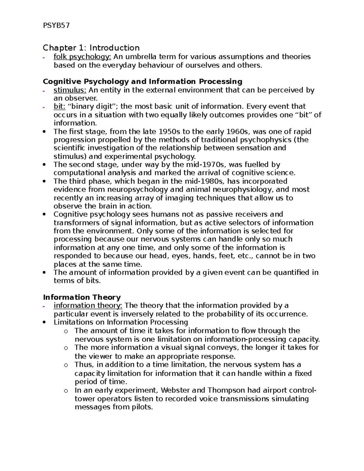 Chapter 1 Notes - Cognition 6th ed - Chapter 1: Introduction folk ...