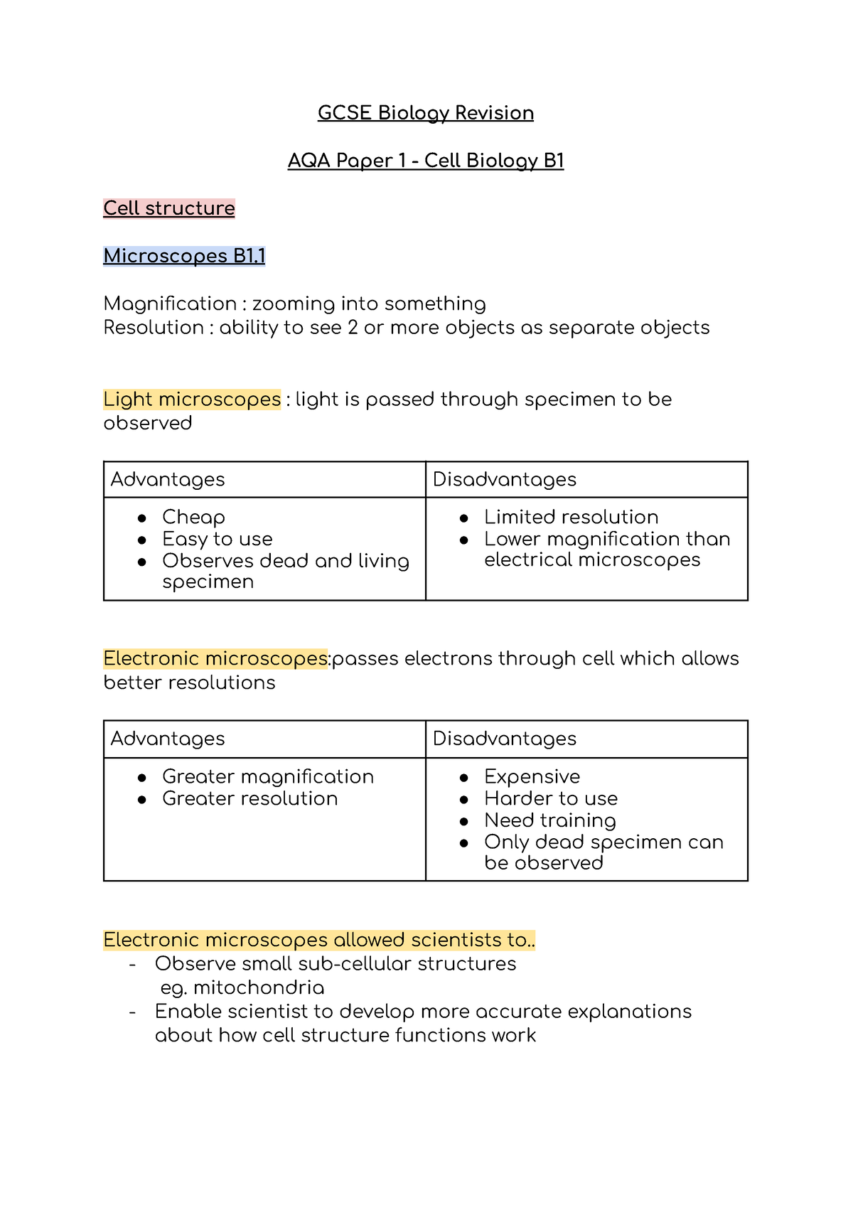 Cell Biology B1 - GCSE Biology Revision AQA Paper 1 - Cell Biology B ...