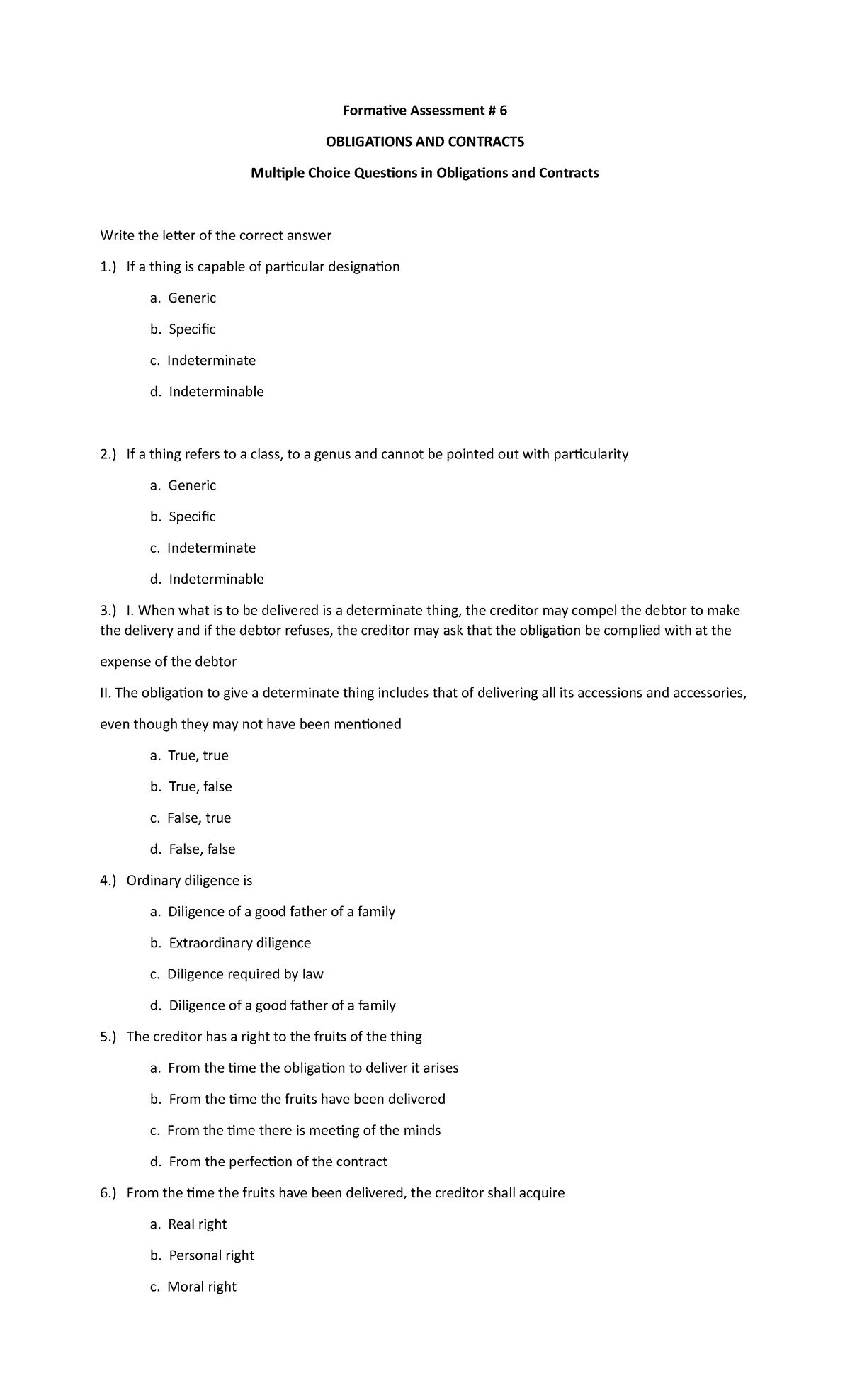 Preparatory Assessment #3 - Formative Assessment # 6 OBLIGATIONS AND ...