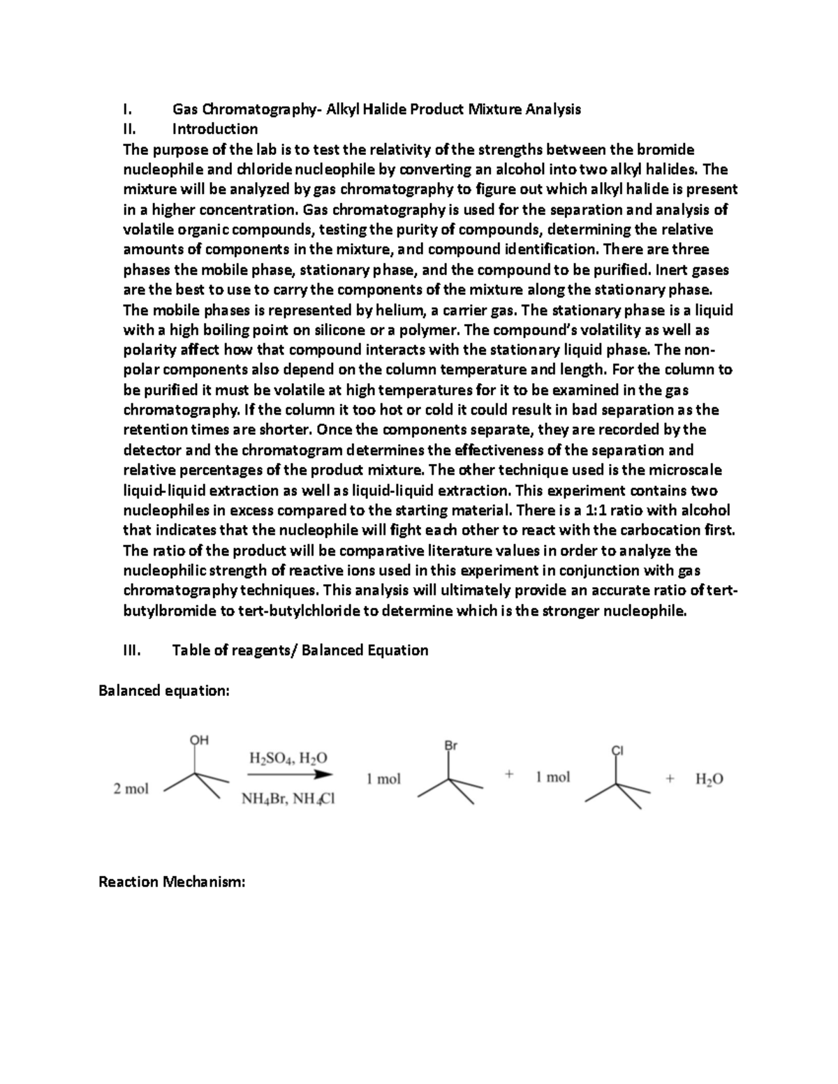 CHEM 2211L- Prelab #9 - GRADE: A- I. Gas Chromatography- Alkyl Halide ...