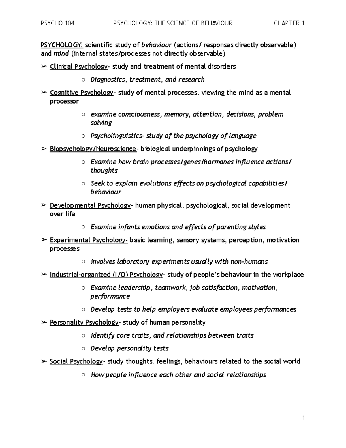 Chapter 1 - PSYCHO 104 PSYCHOLOGY: THE SCIENCE OF BEHAVIOUR CHAPTER 1 ...