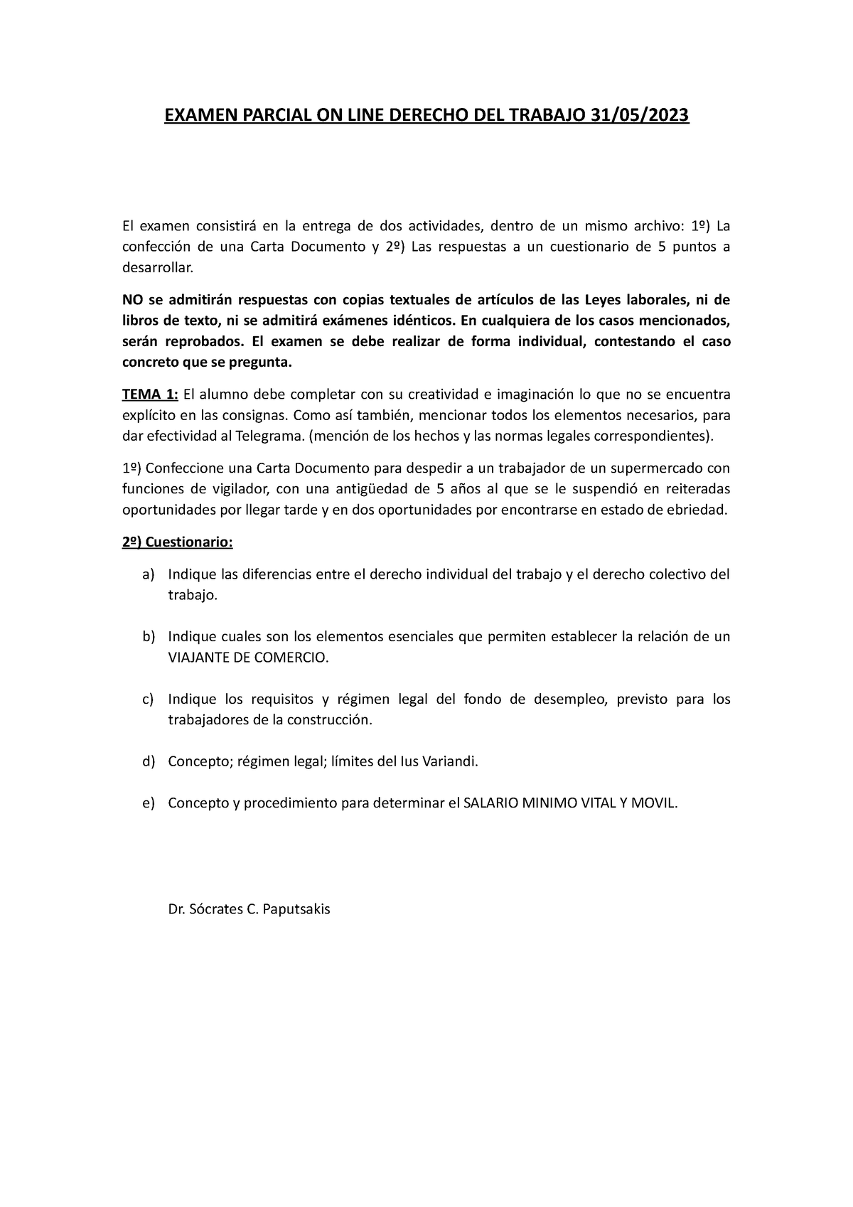 Examen Parcial Online Derecho DEL Trabajo 31-05-23 - EXAMEN PARCIAL ON ...