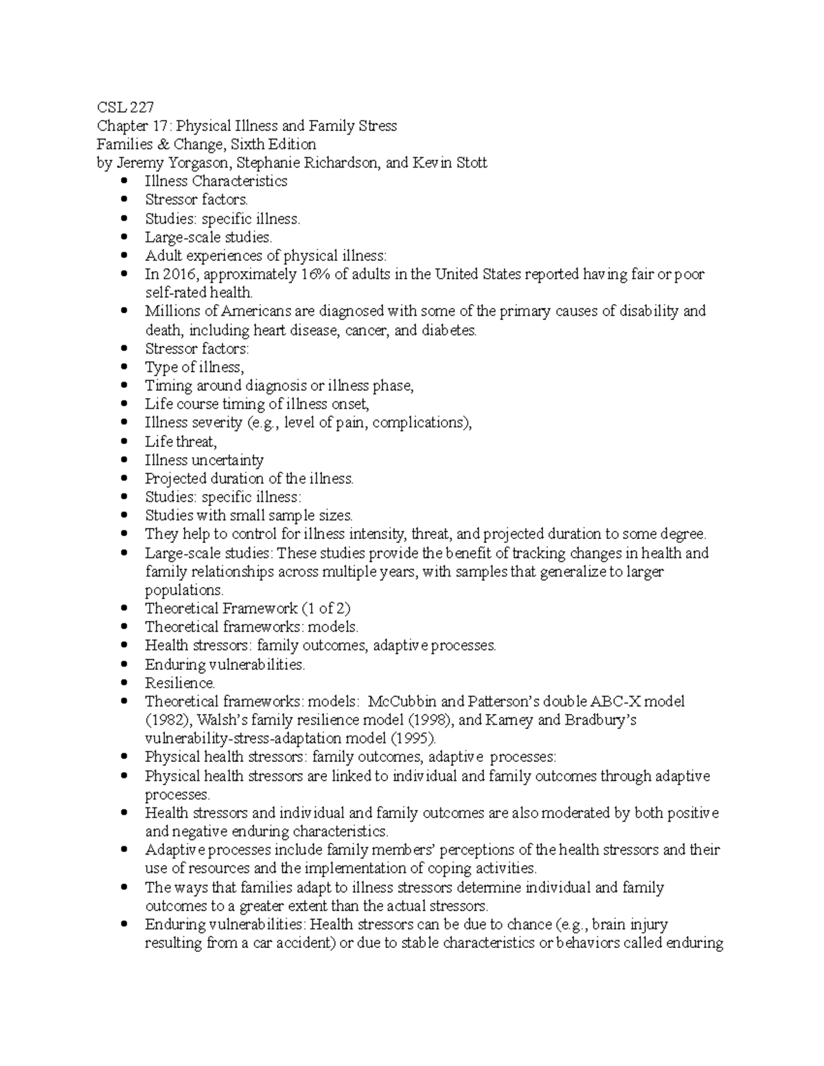 CSL 227 - Chapter 17 Notes - CSL 227 Chapter 17: Physical Illness and ...