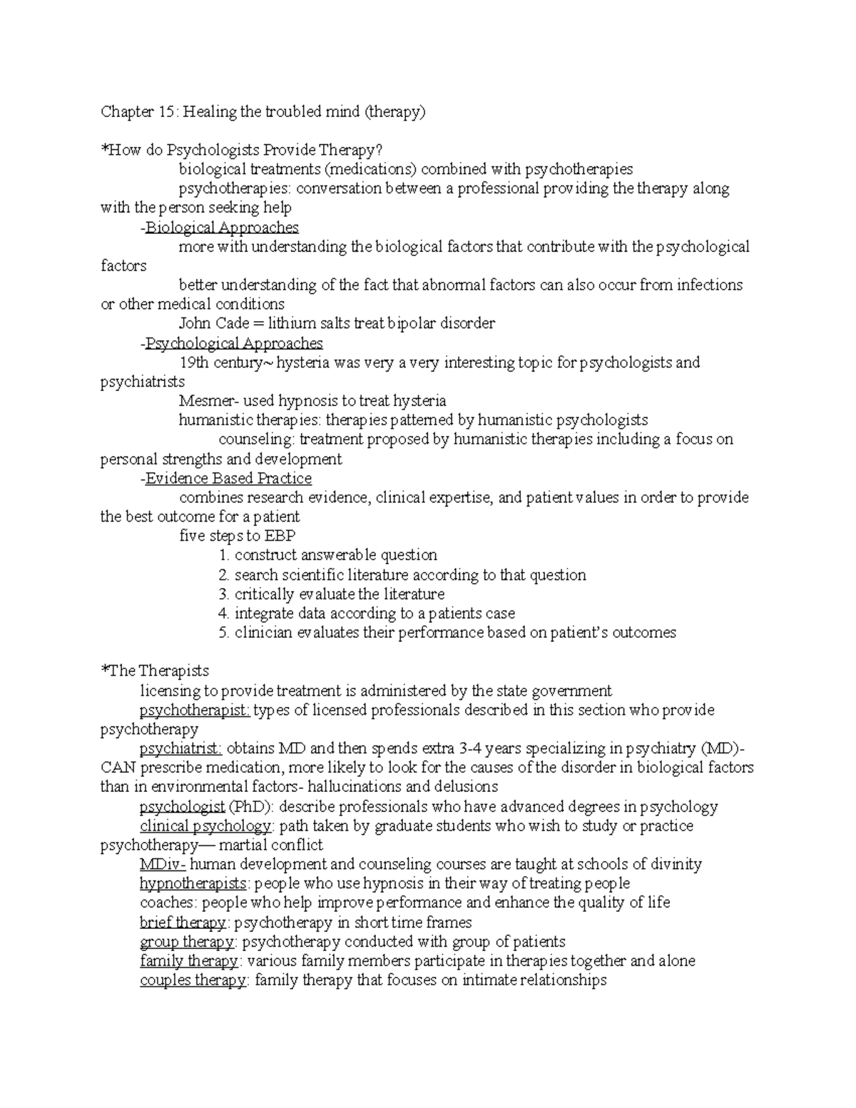 Psychology Notes Chapter 15 - Chapter 15: Healing The Troubled Mind ...