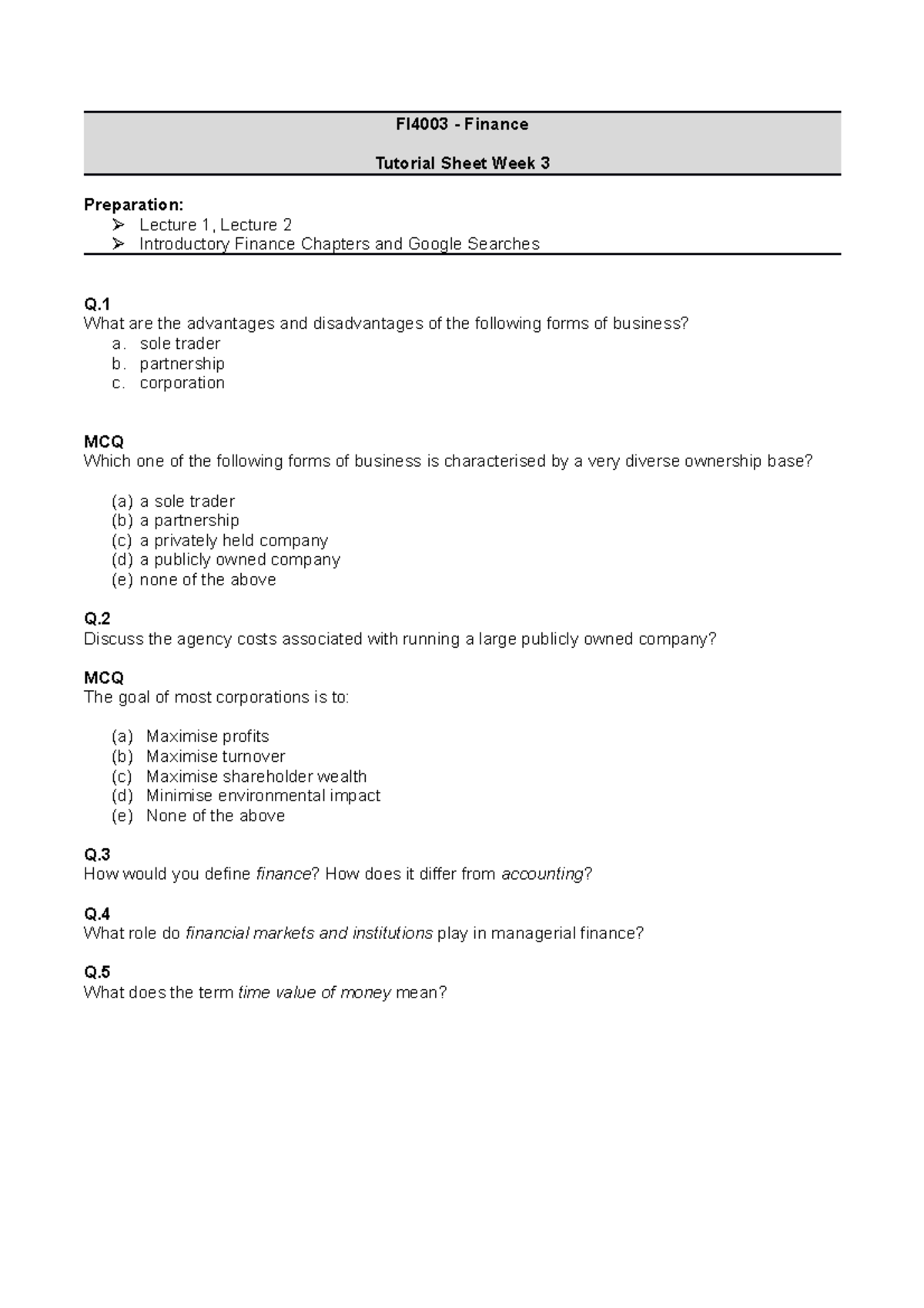 Tutorial+Questions+1+Week+3 - FI4003 - Finance Tutorial Sheet Week 3 ...
