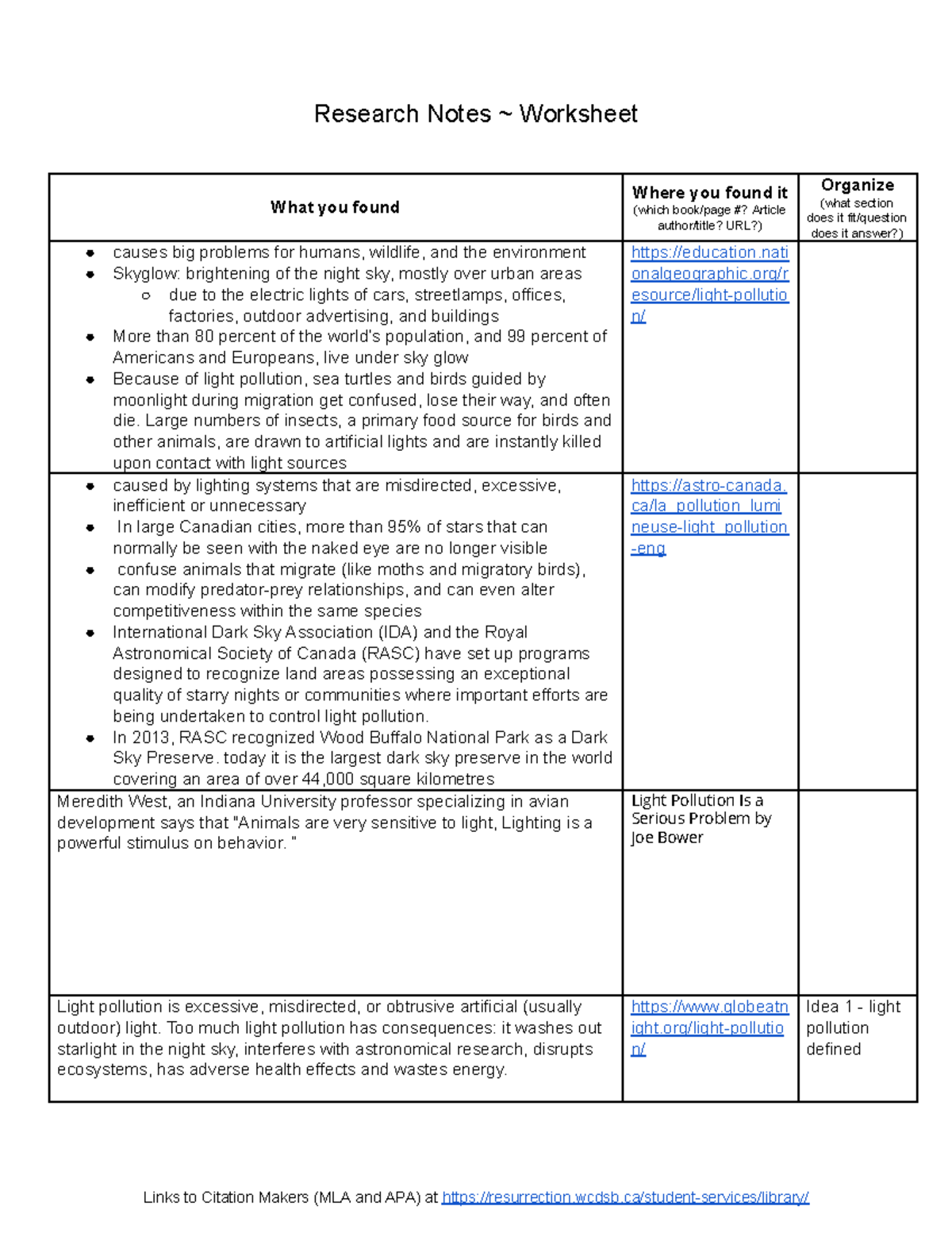 research notes worksheet