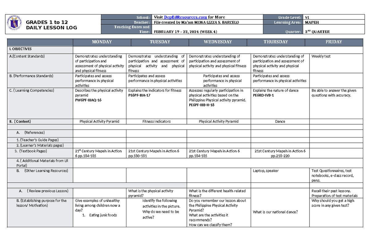 DLL Mapeh 6 Q3 W4 - GRADES 1 to 12 DAILY LESSON LOG School: Visit ...