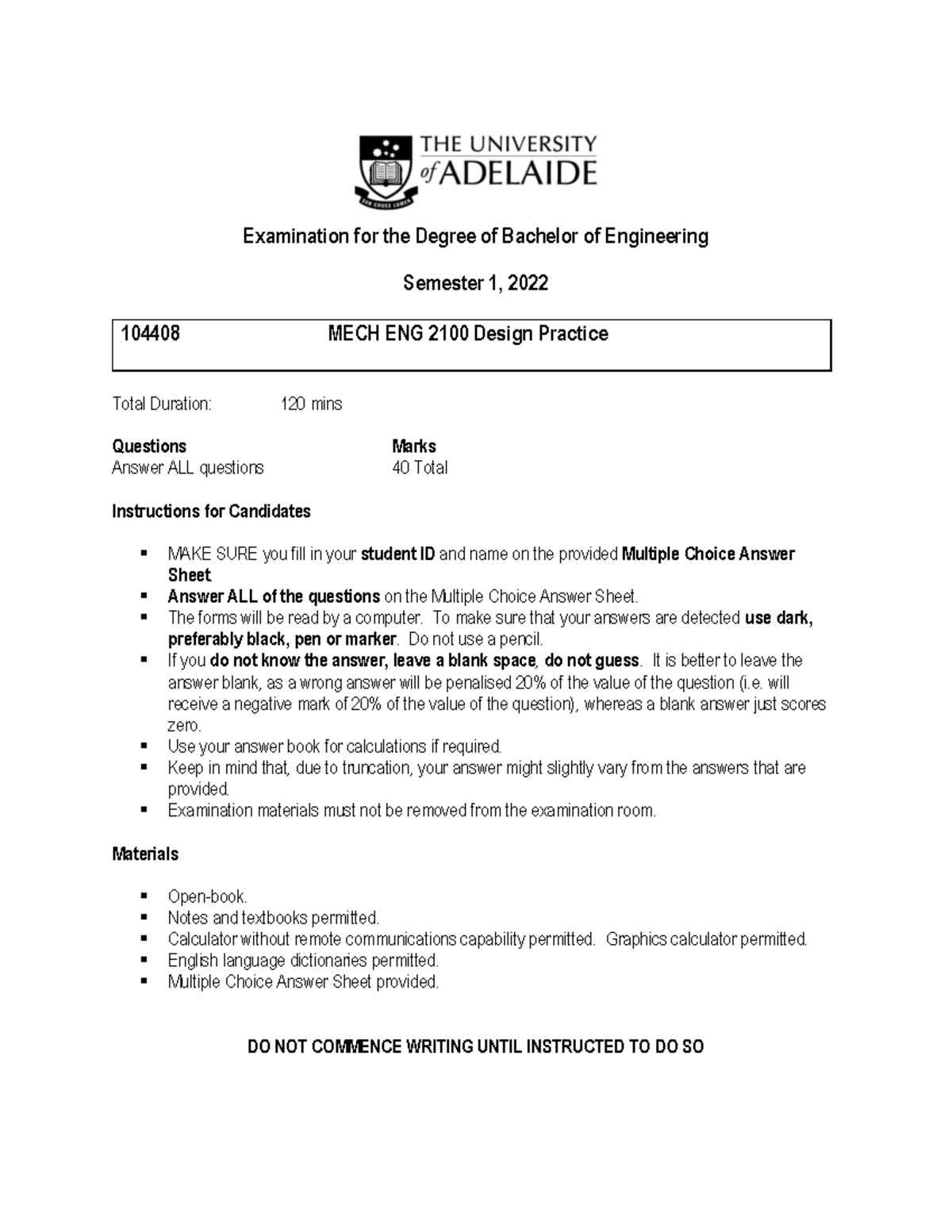 Mecheng 2100 Design Practice Primary EXAM 2022 - Examination for the ...
