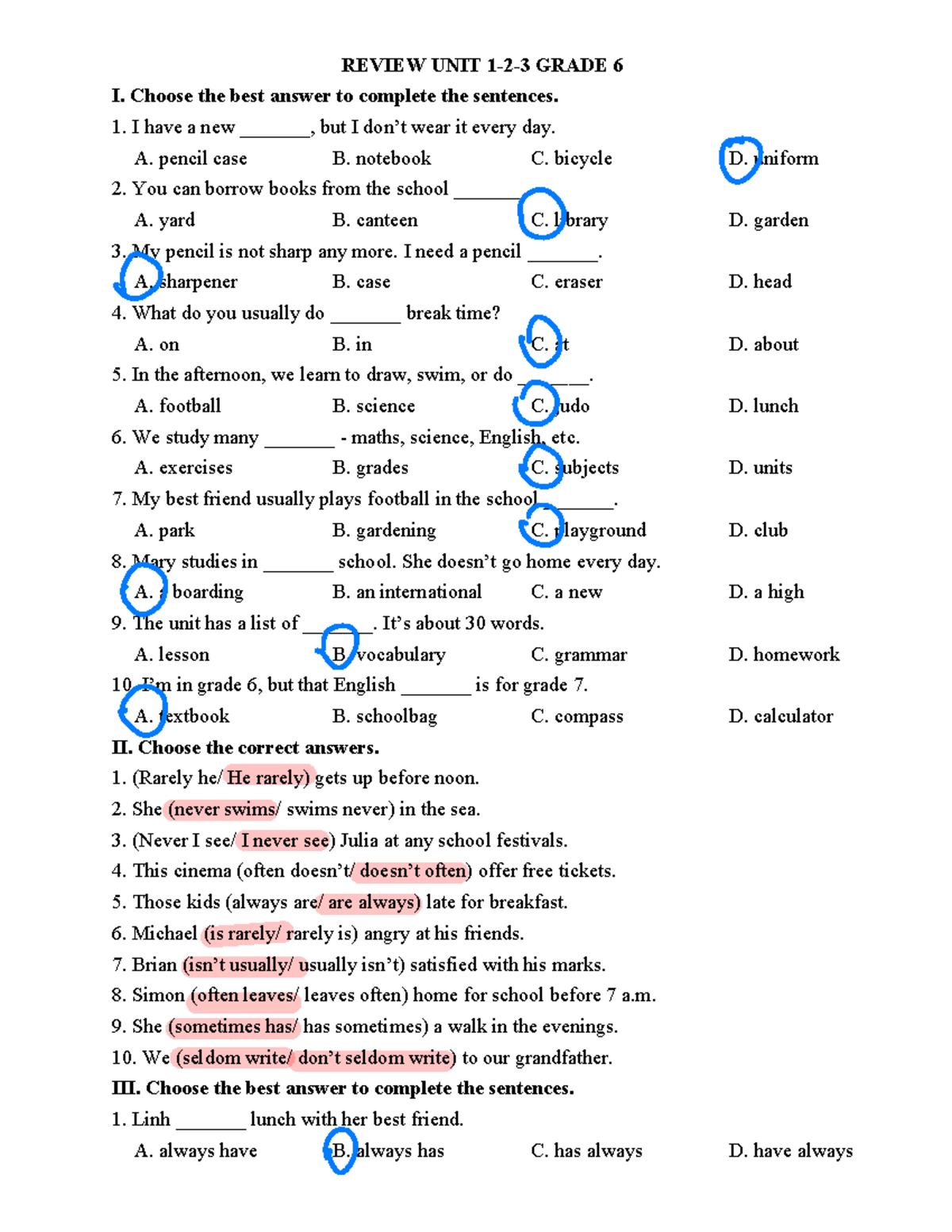 Revision FOR Midterm TEST - G6-1 - REVIEW UNIT 1 - 2 - 3 GRADE 6 I ...