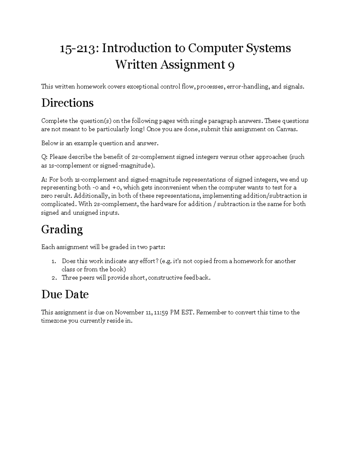 Written Assignment 9 - 15-213: Introduction to Computer Systems Written ...