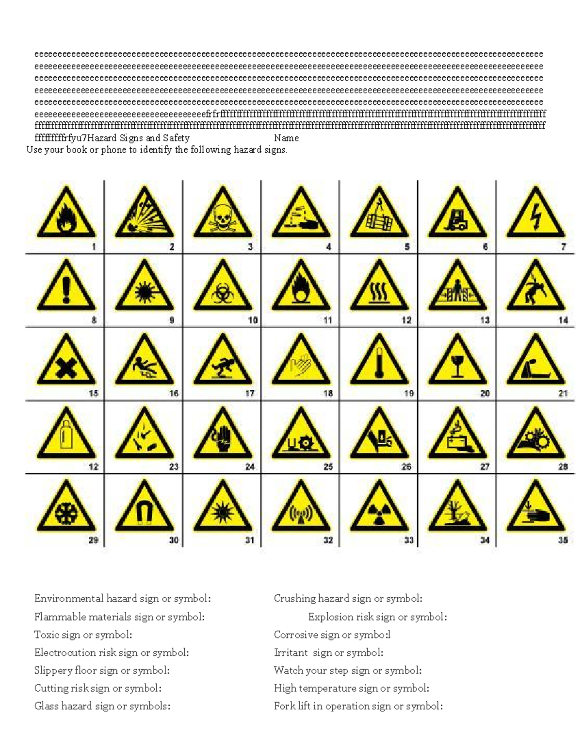 Copy of Hazard Symbols Worksheet Studocu