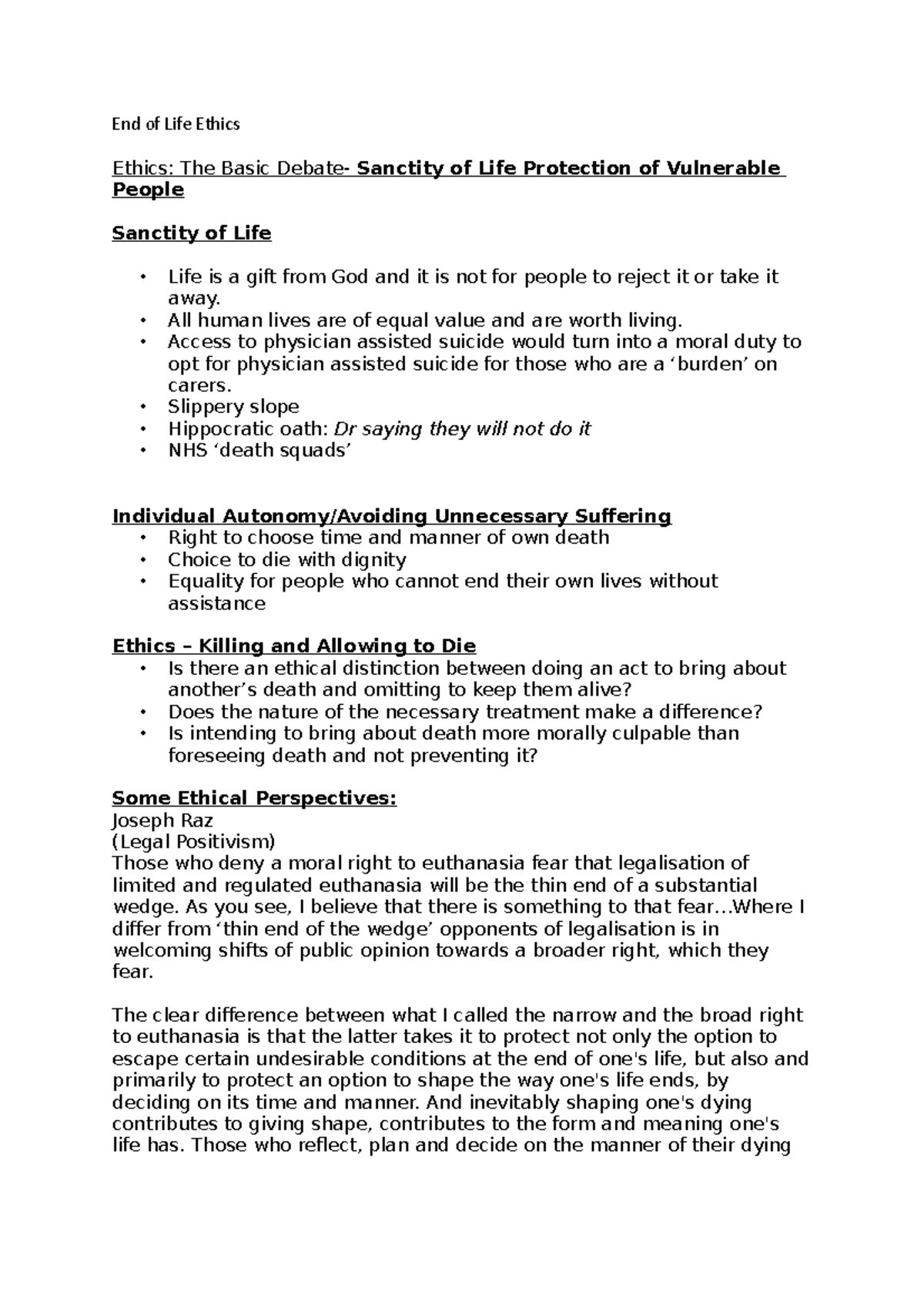 End of Life Ethics - End of Life Ethics Ethics: The Basic Debate ...