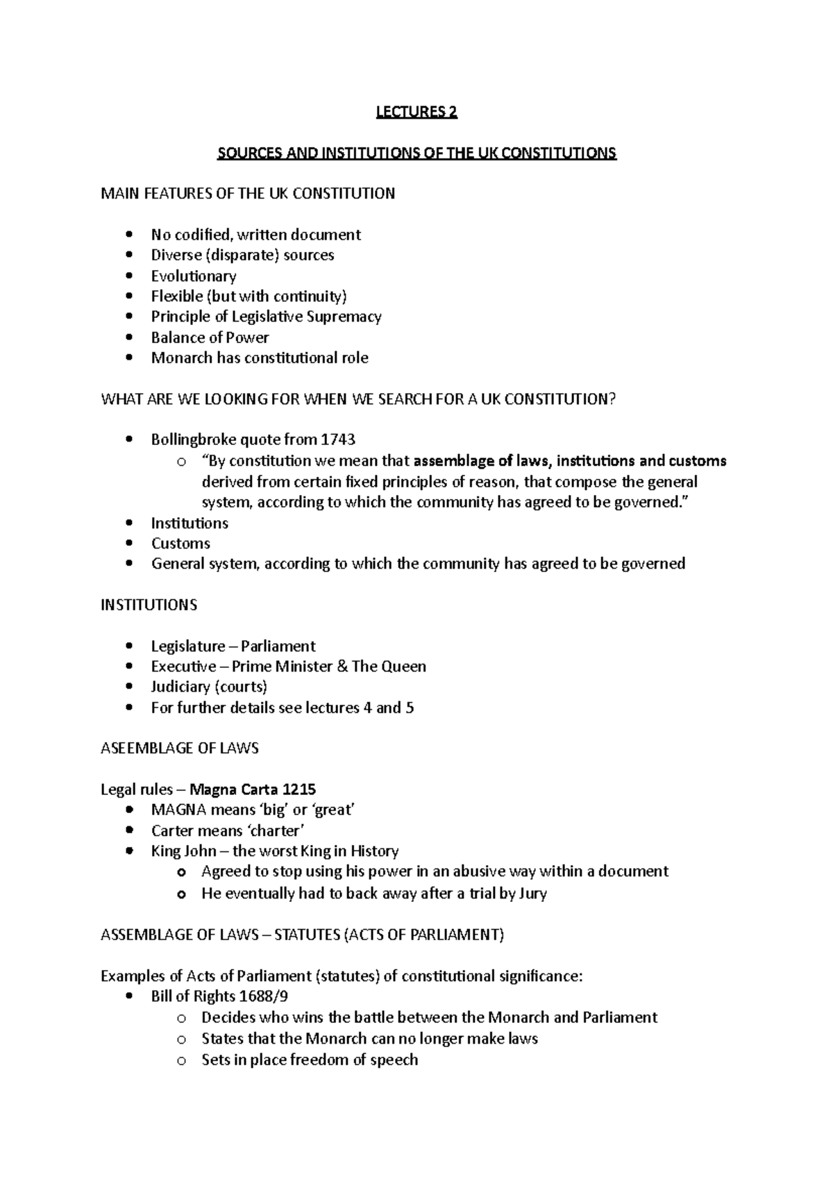 Lecture 2 - LECTURES 2 SOURCES AND INSTITUTIONS OF THE UK CONSTITUTIONS ...