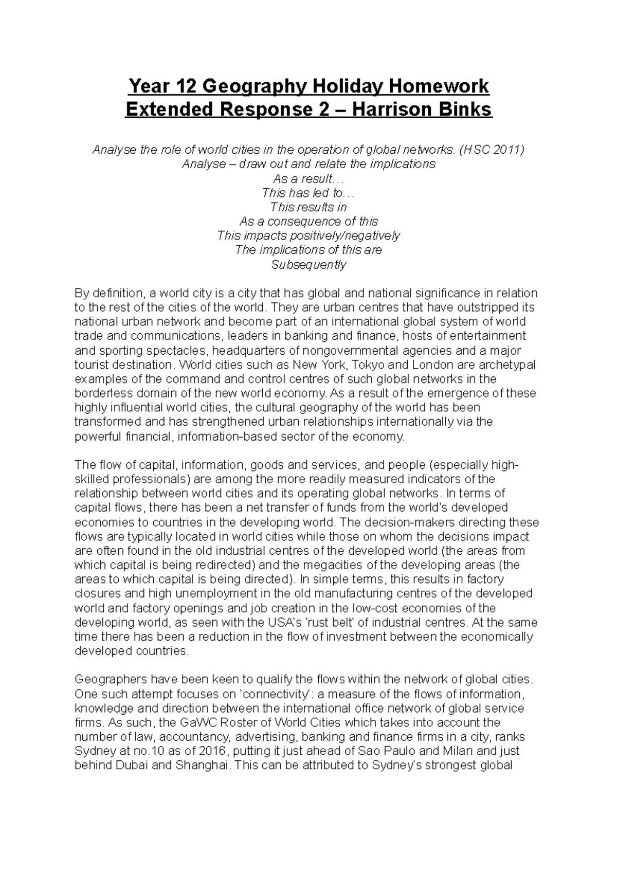 World Cities and Operation of Global Networks Essay Year 12 Geography